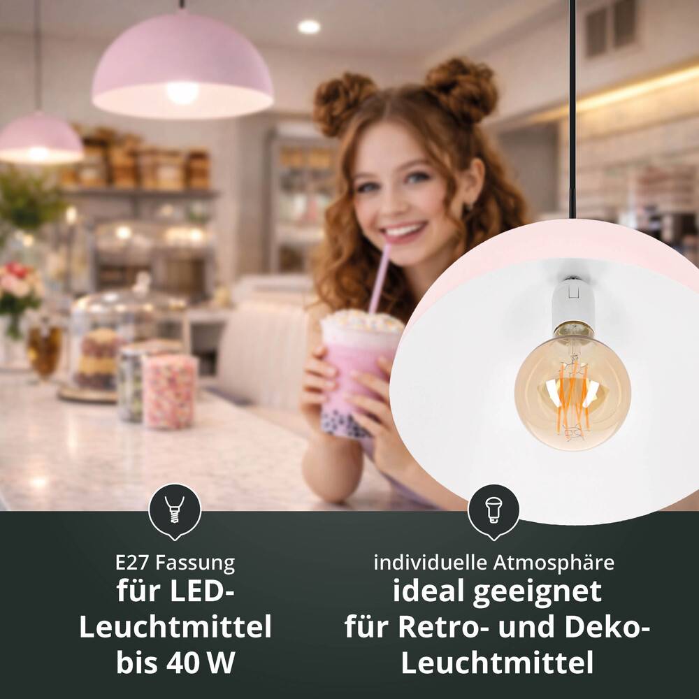 Eine lächelnde Person hält ein Getränk in einem Café im Retro-Stil. Die Einschubposition zeigt eine LED-Glühbirne im Vintage-Stil. Der Text lautet „ideal für Retro- und dekorative Beleuchtung.