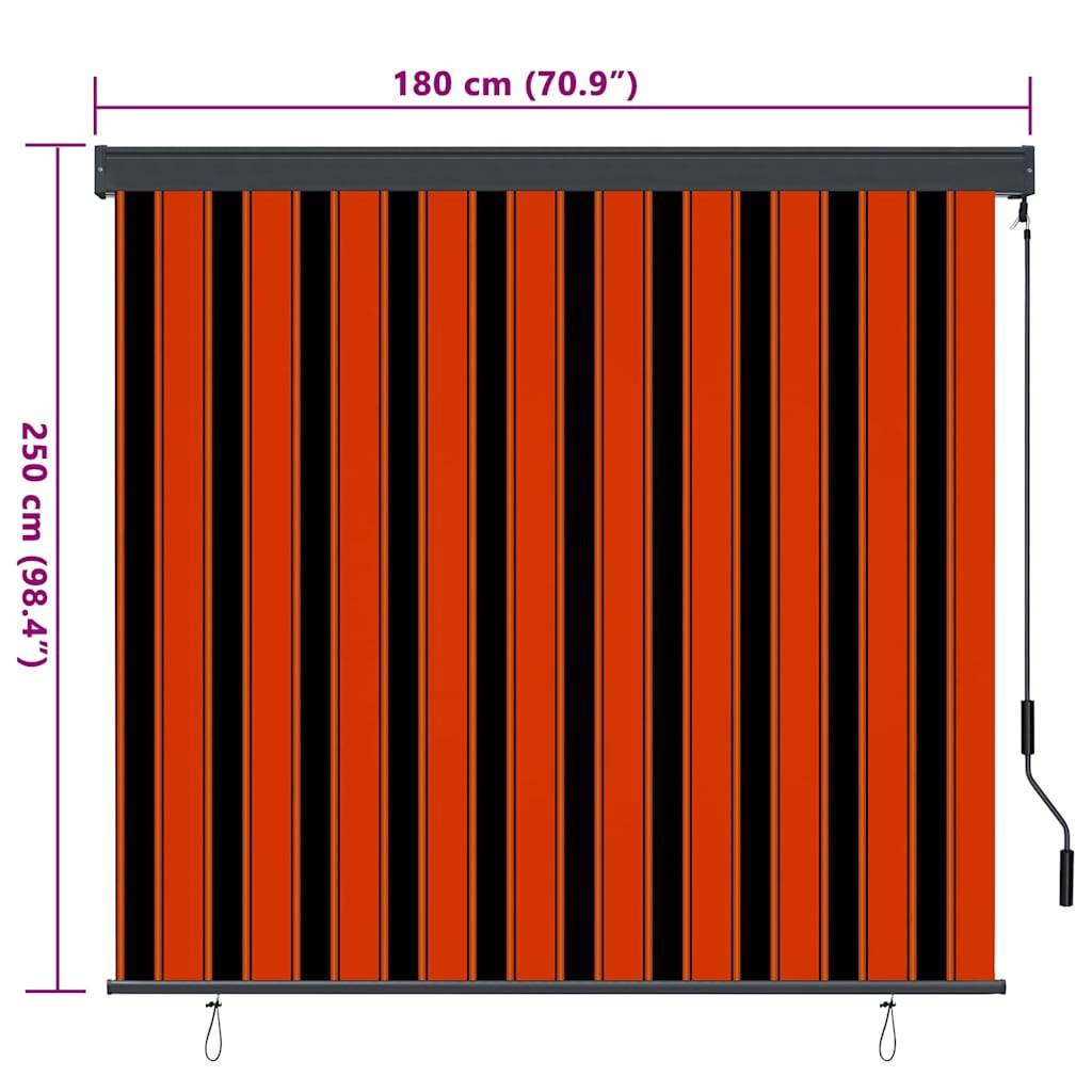 Schwarz-rot gestreifter Außenrollo, 180 cm x 250 cm, mit manueller Kurbel auf der rechten Seite, zur Beschattung oder Sichtschutz.