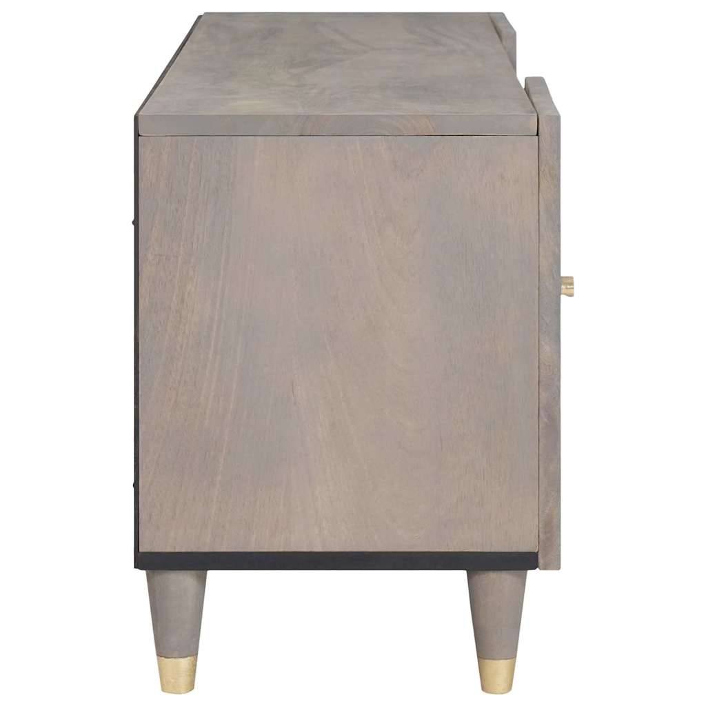 Ein rechteckiger Holzschrank, von der Seite betrachtet, mit glatter Oberfläche und vier zulaufenden Beinen mit goldenen Spitzen.