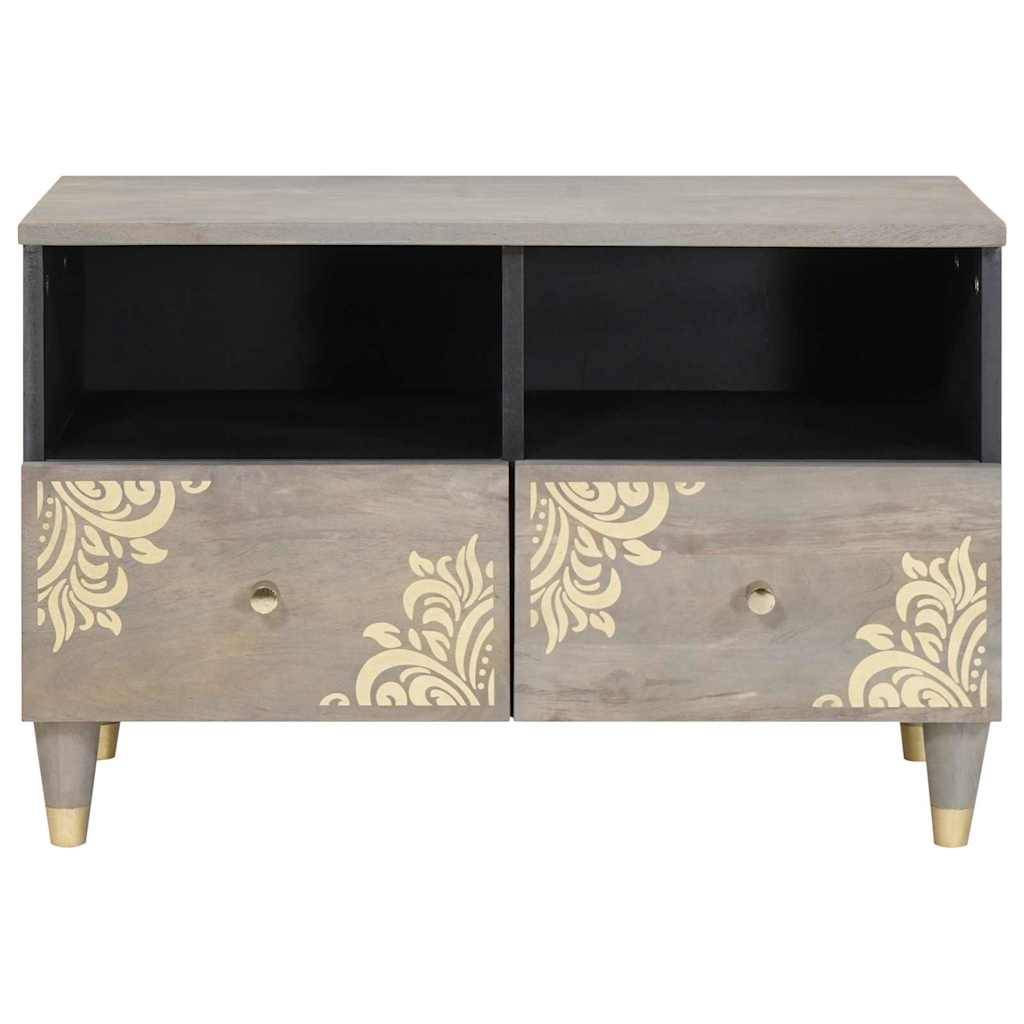 Ein Fernseh-Schrank aus Holz mit zwei offenen Regalen und zwei Schubladen, versehen mit goldenen Blumenmustern. Der Schrank steht auf kurzen, sich verjüngenden Beinen.