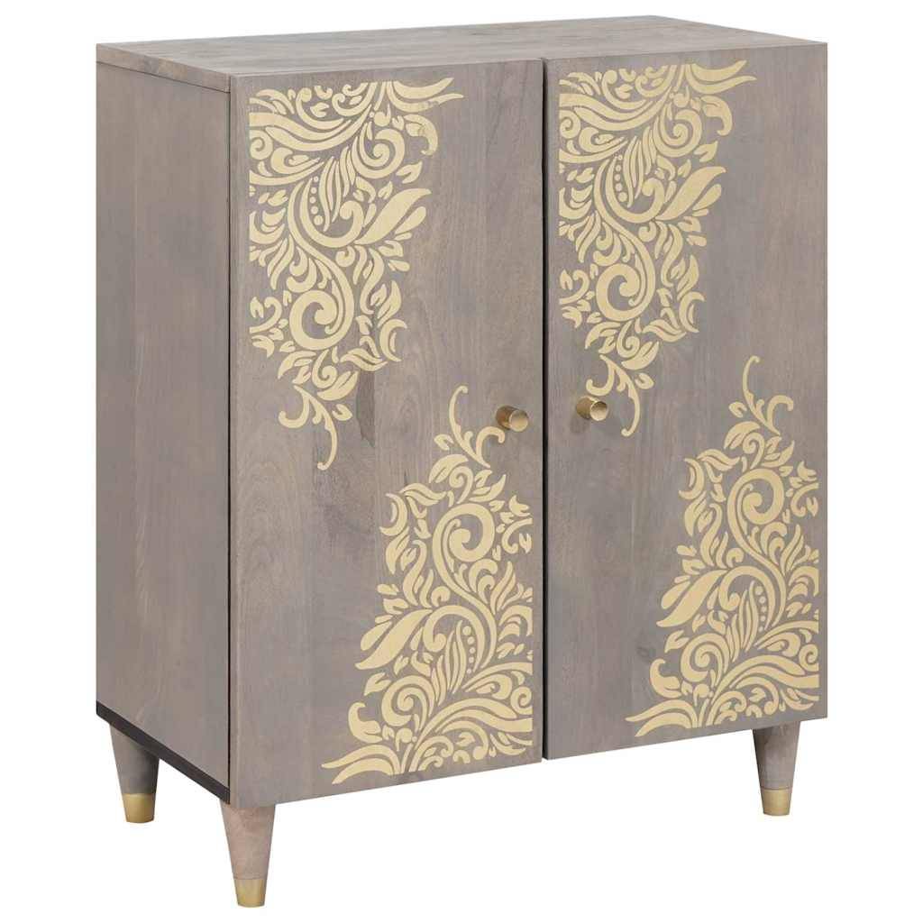 Grauer zweiturige Schrank mit goldenen floralen Rankenmustern und sich verjüngenden Beinen auf weißem Hintergrund.