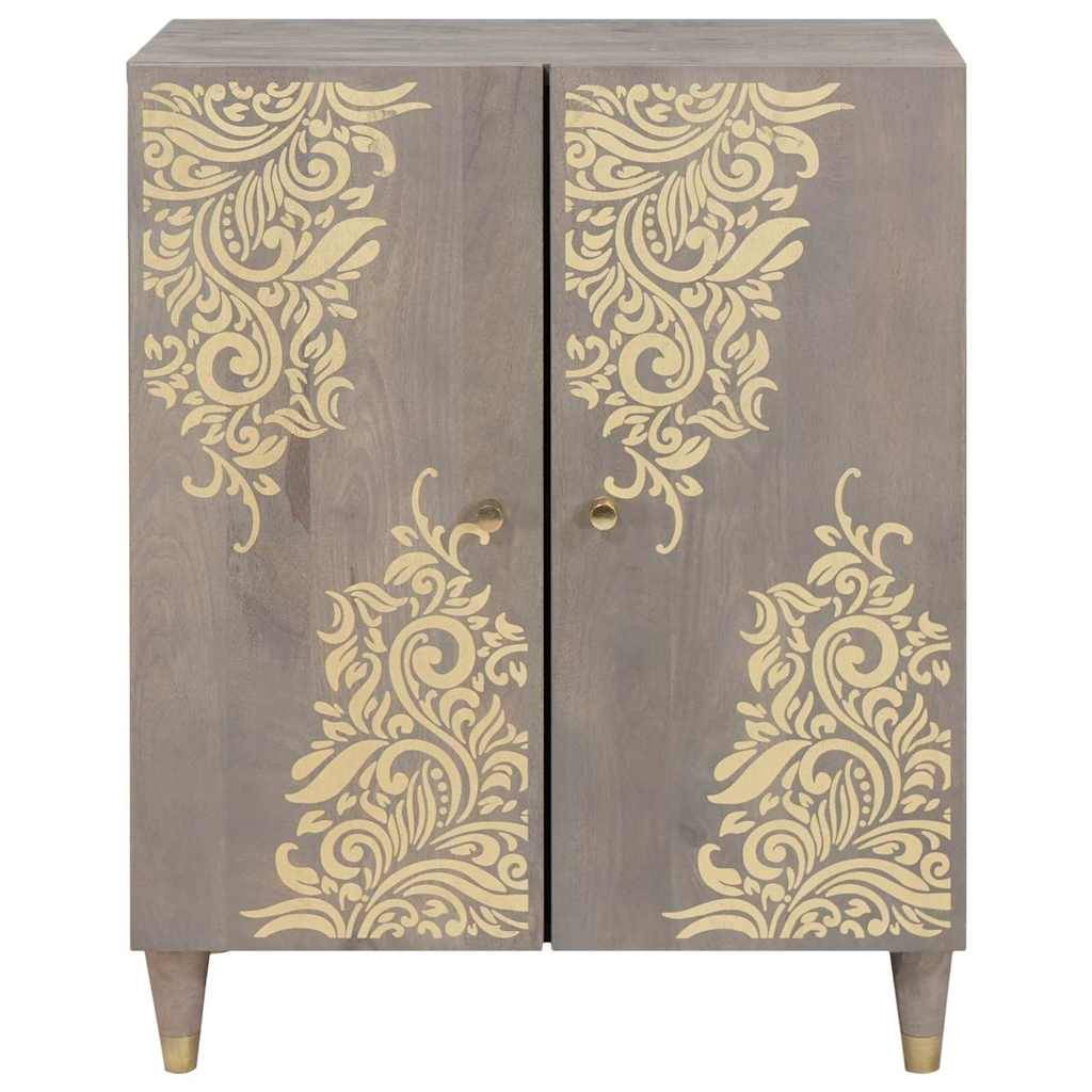 Zweitüriger Holzschrank mit aufwendigen vergoldeten Blumenranken-Ornamenten und sich verjüngenden Beinen auf weißem Hintergrund.