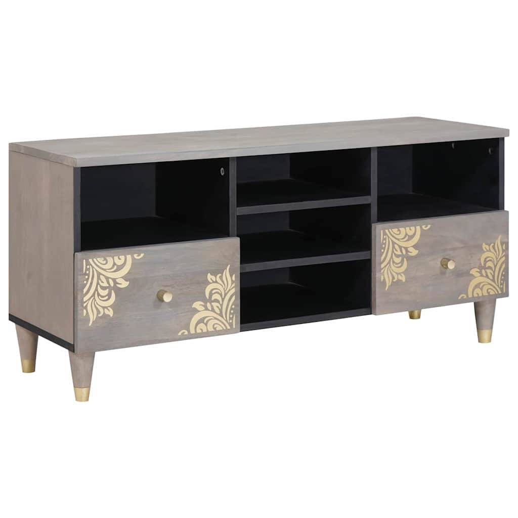 TV-Ständer aus Holz mit dekorativen Blumenmustern, zwei offenen Regalen und zwei Schubladen.