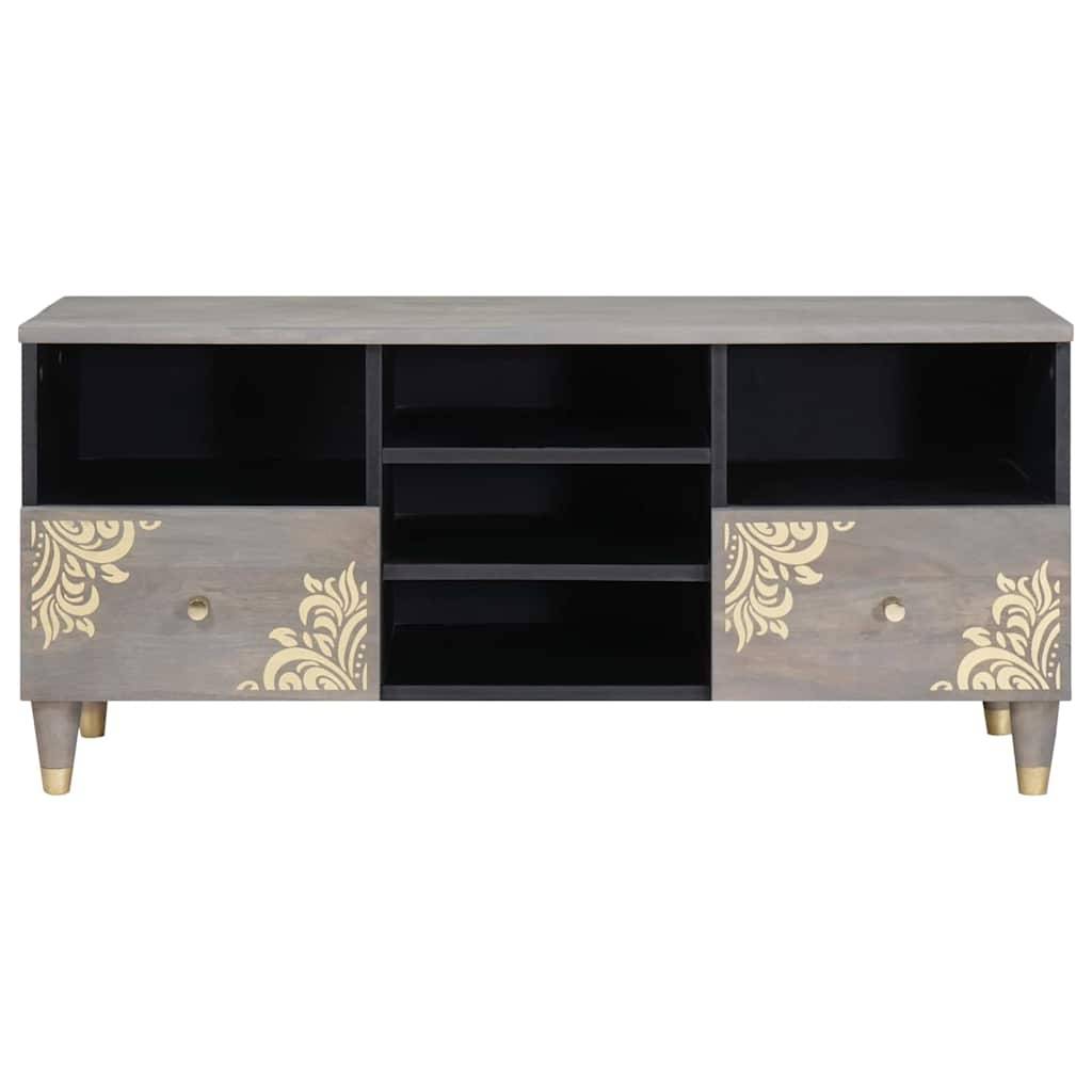 Eine Holz-TV-Konsole mit zwei Türen, die goldene Blumenmuster aufweisen, offenen Regalen in der Mitte und konischen Beinen.