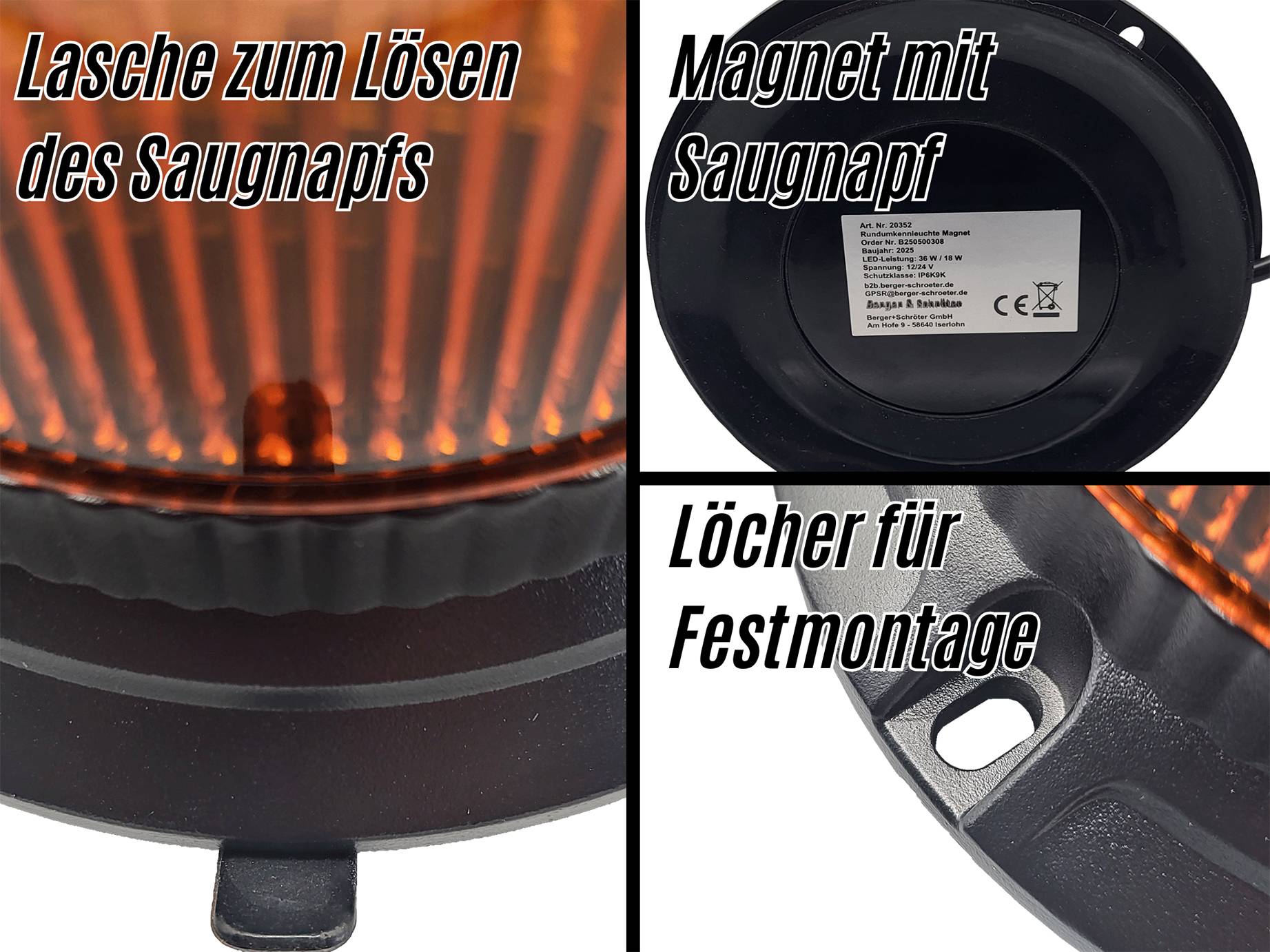 Berger & Schröter | LED Rundumkennleuchte Magnet 12/24V, Klasse 2 mit Lichtsensor, ECE-R65 TA2