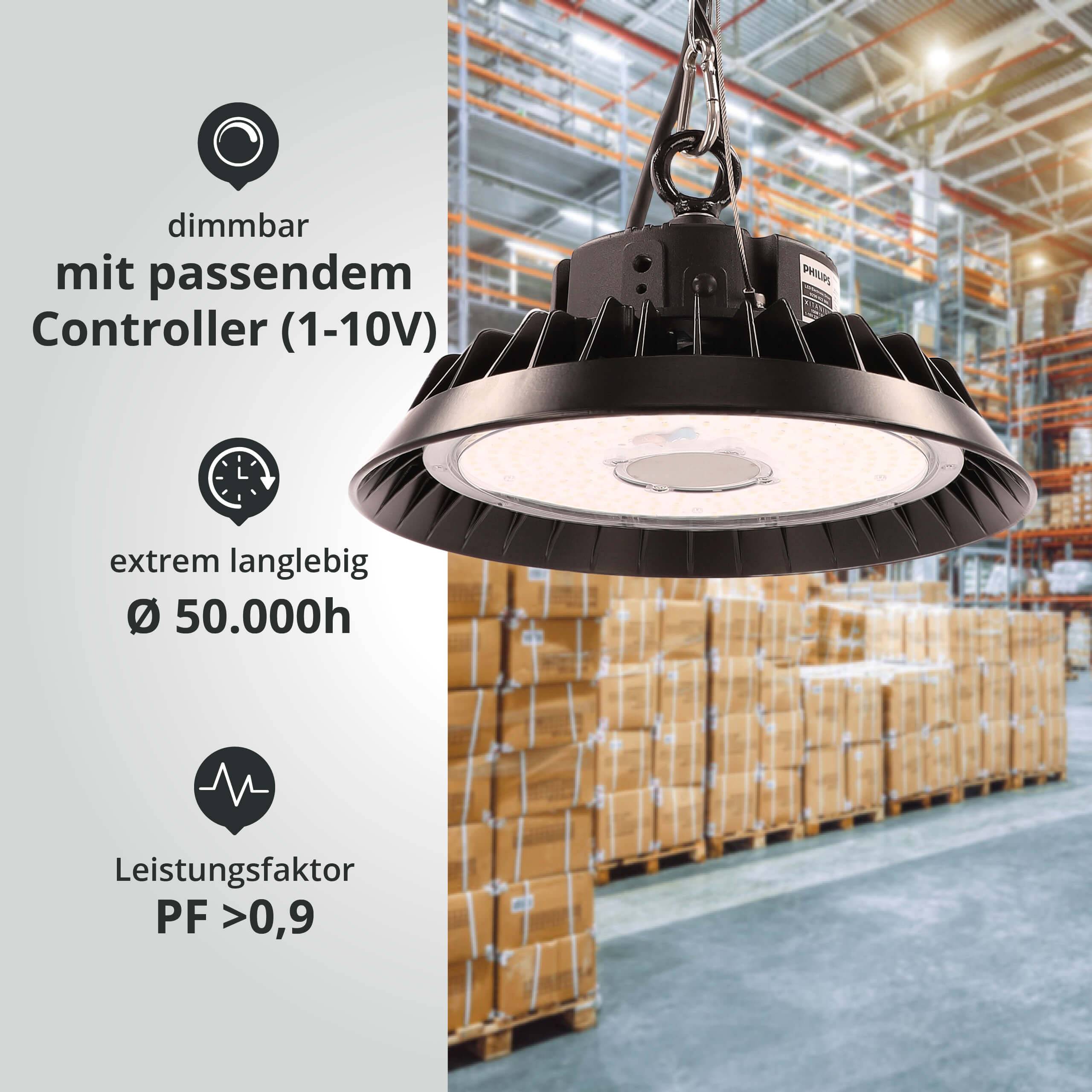 LED Universum LED Hallenstrahler UFO High Bay Strahler 150W kaltweiß 6000K 22500lm mit Philips-Netzteil dimmbar Ø283xH128mm