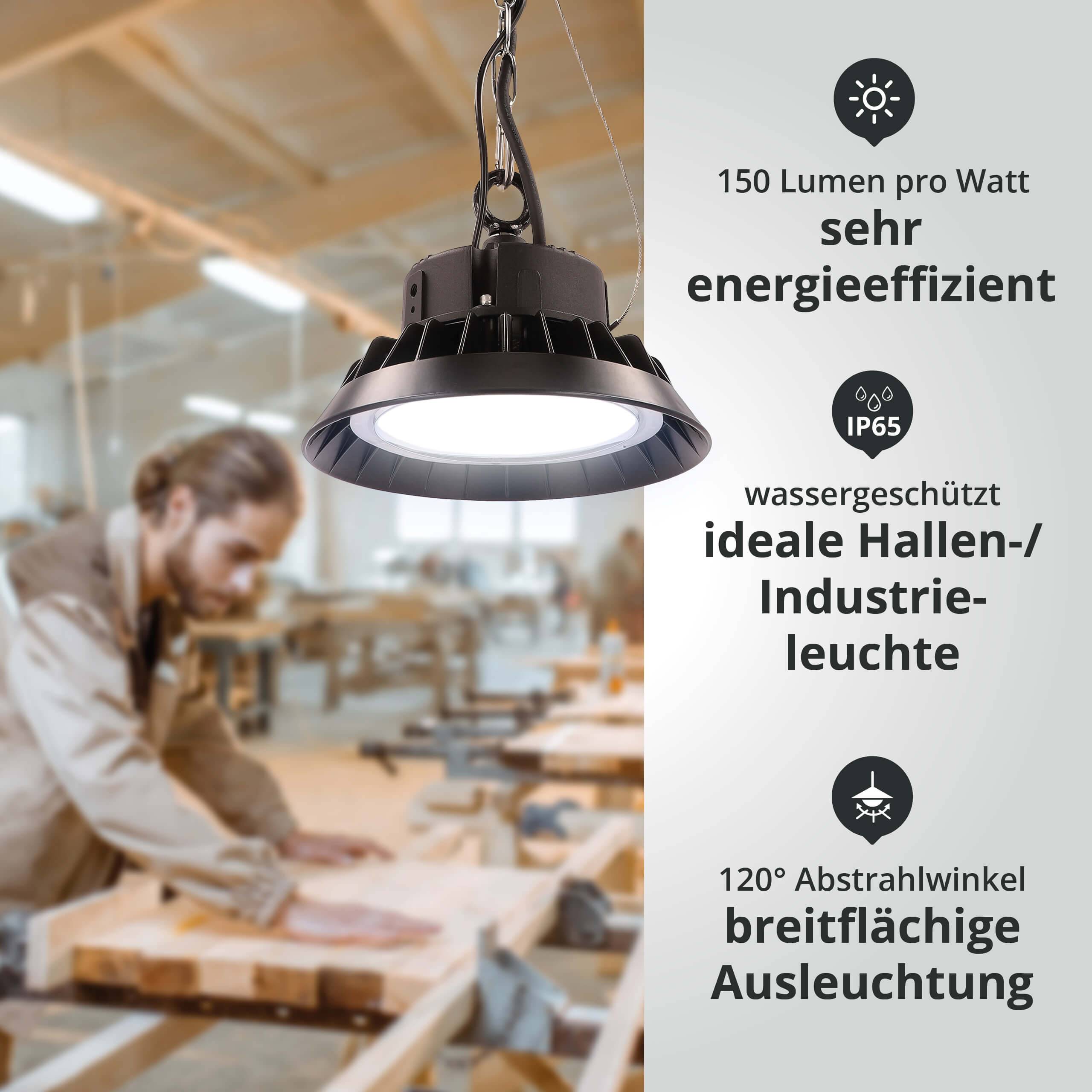 LED Universum LED Hallenstrahler UFO High Bay Strahler 100W kaltweiß 6000K 15000lm mit Philips-Netzteil dimmbar Ø238xH122mm