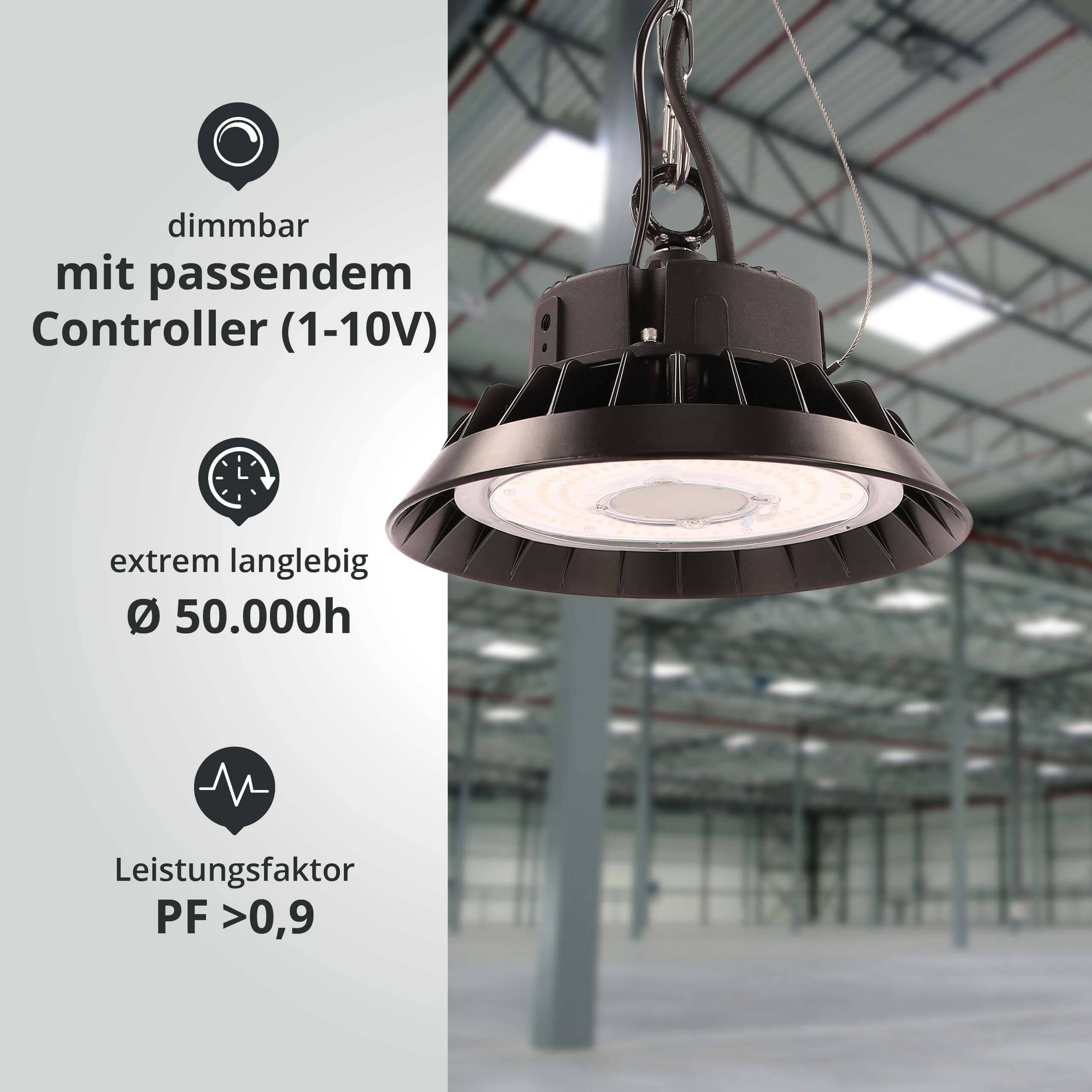 LED Universum LED Hallenstrahler UFO High Bay Strahler 100W kaltweiß 6000K 15000lm mit Philips-Netzteil dimmbar Ø238xH122mm
