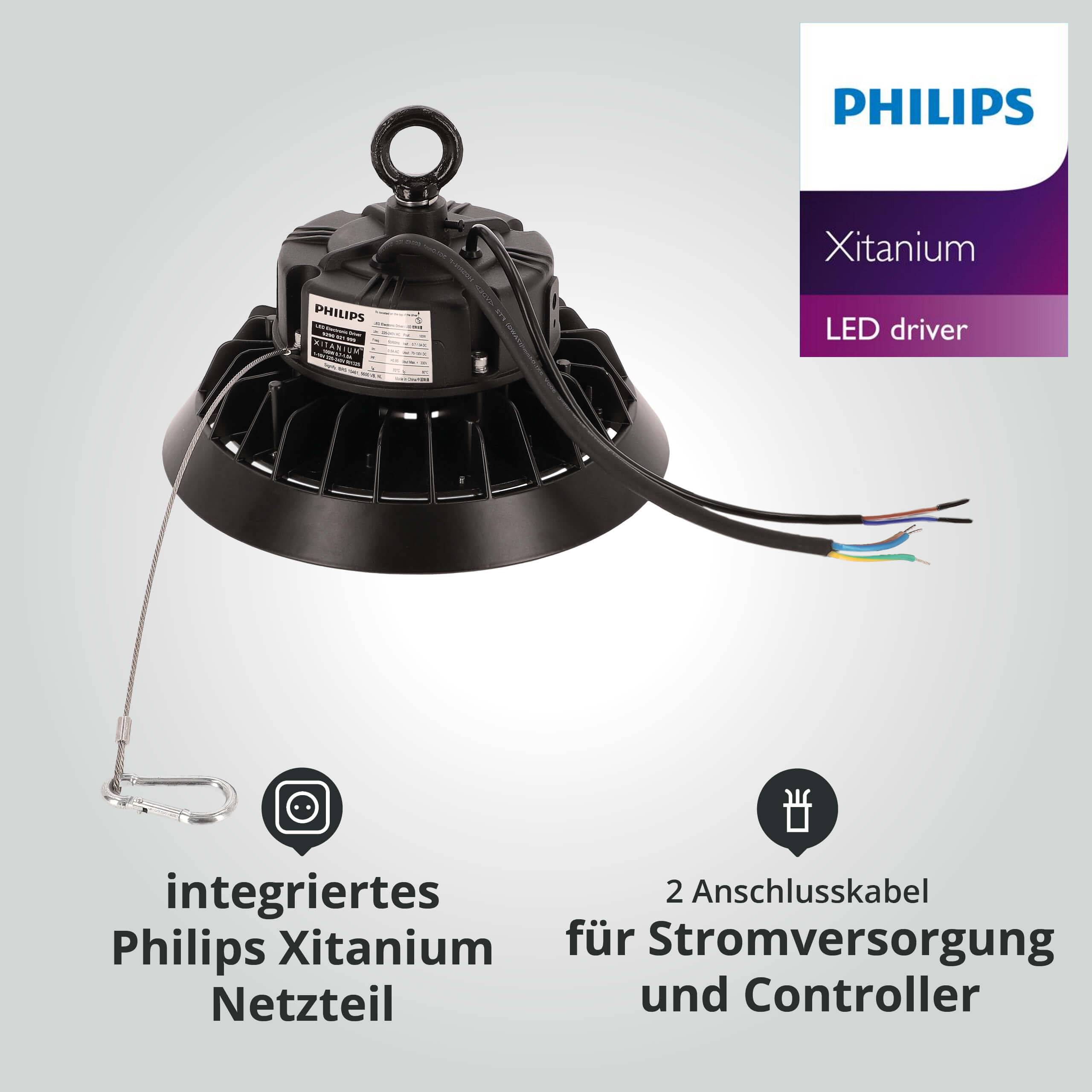 LED Universum LED Hallenstrahler UFO High Bay Strahler 100W warmweiß 3000K 14000lm mit Philips-Netzteil dimmbar Ø238xH122mm