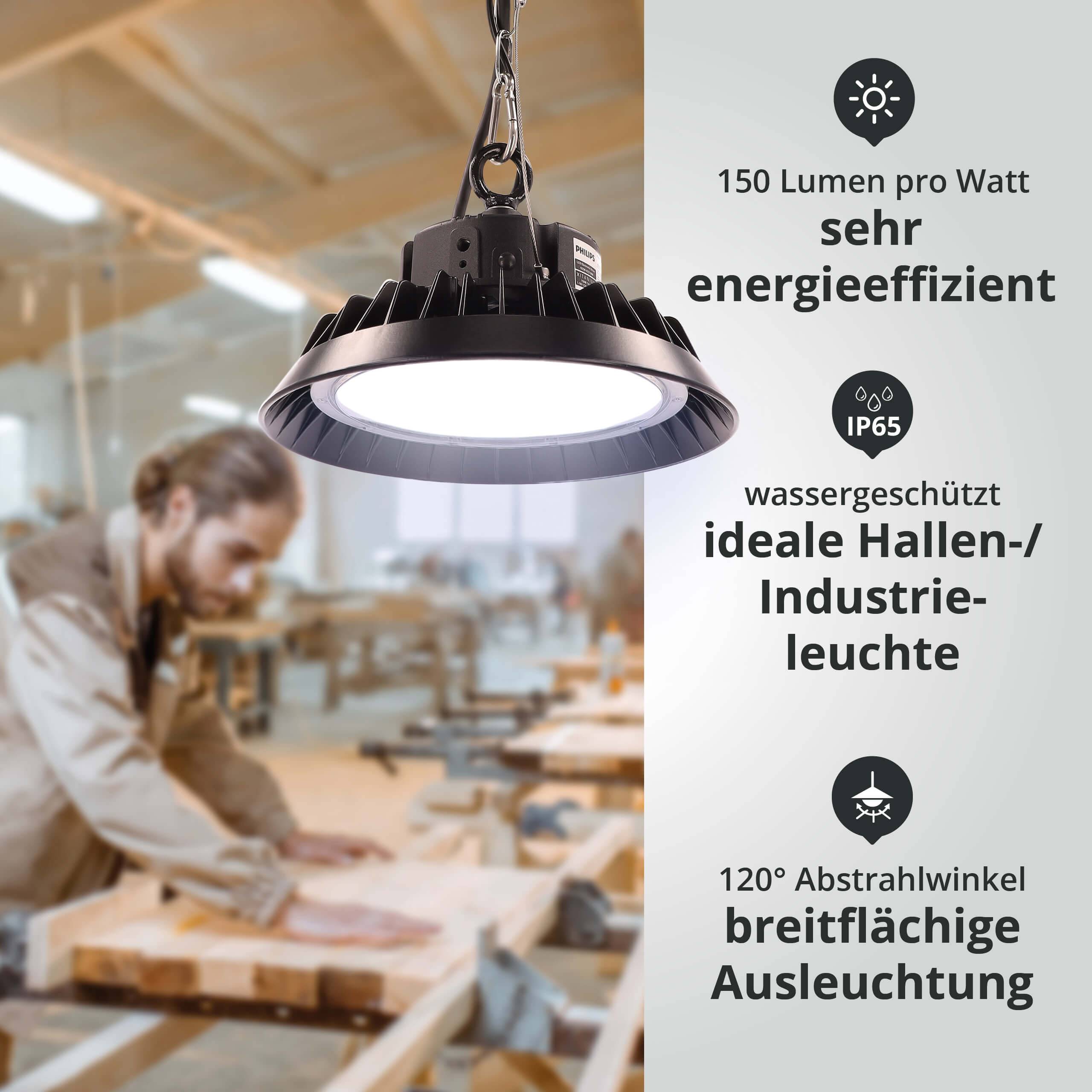 LED Universum LED Hallenstrahler UFO High Bay Strahler 150W kaltweiß 6000K 22500lm mit Philips-Netzteil dimmbar Ø283xH128mm