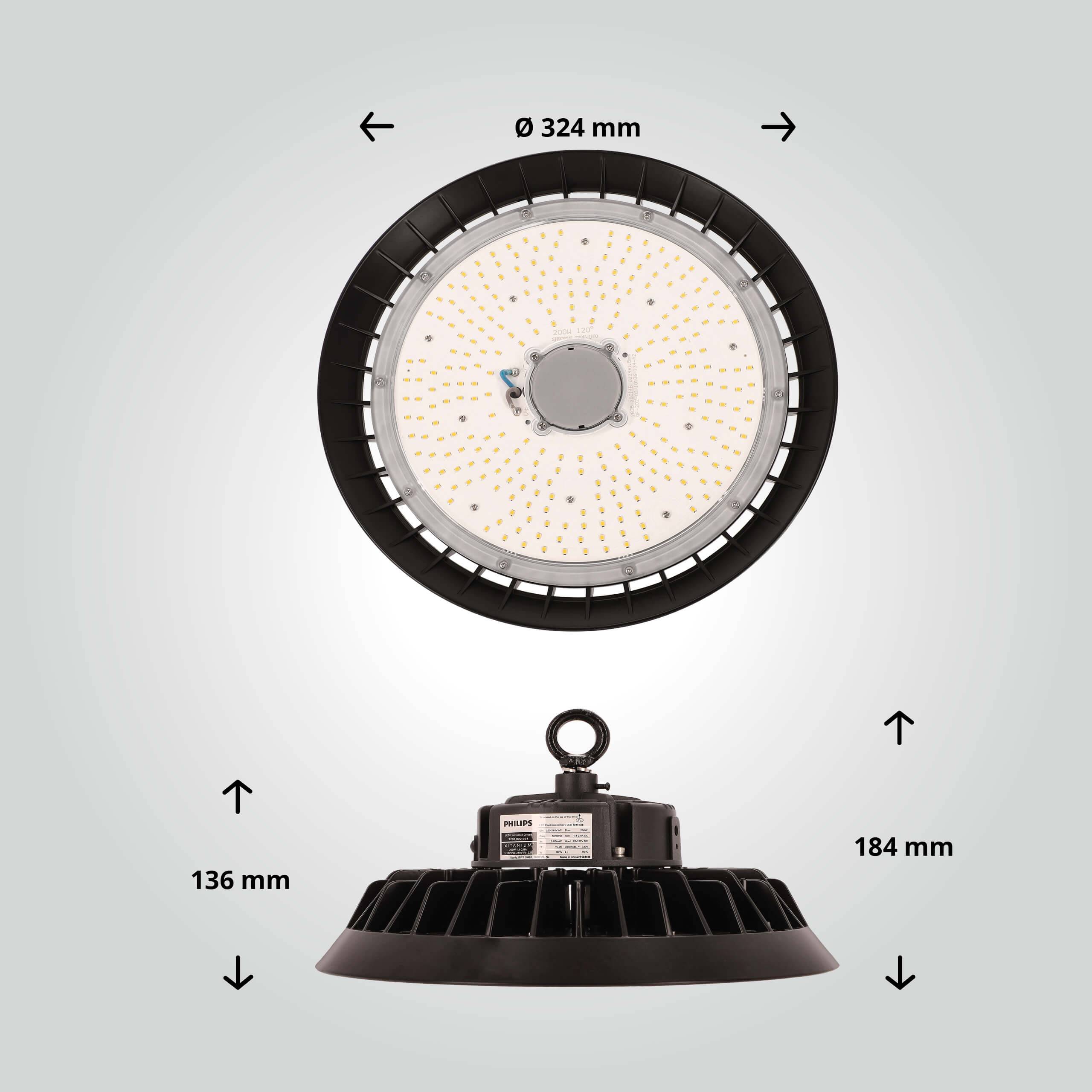 LED Universum LED Hallenstrahler UFO High Bay Strahler 200W kaltweiß 6000K 30000lm mit Philips-Netzteil dimmbar Ø324xH136mm