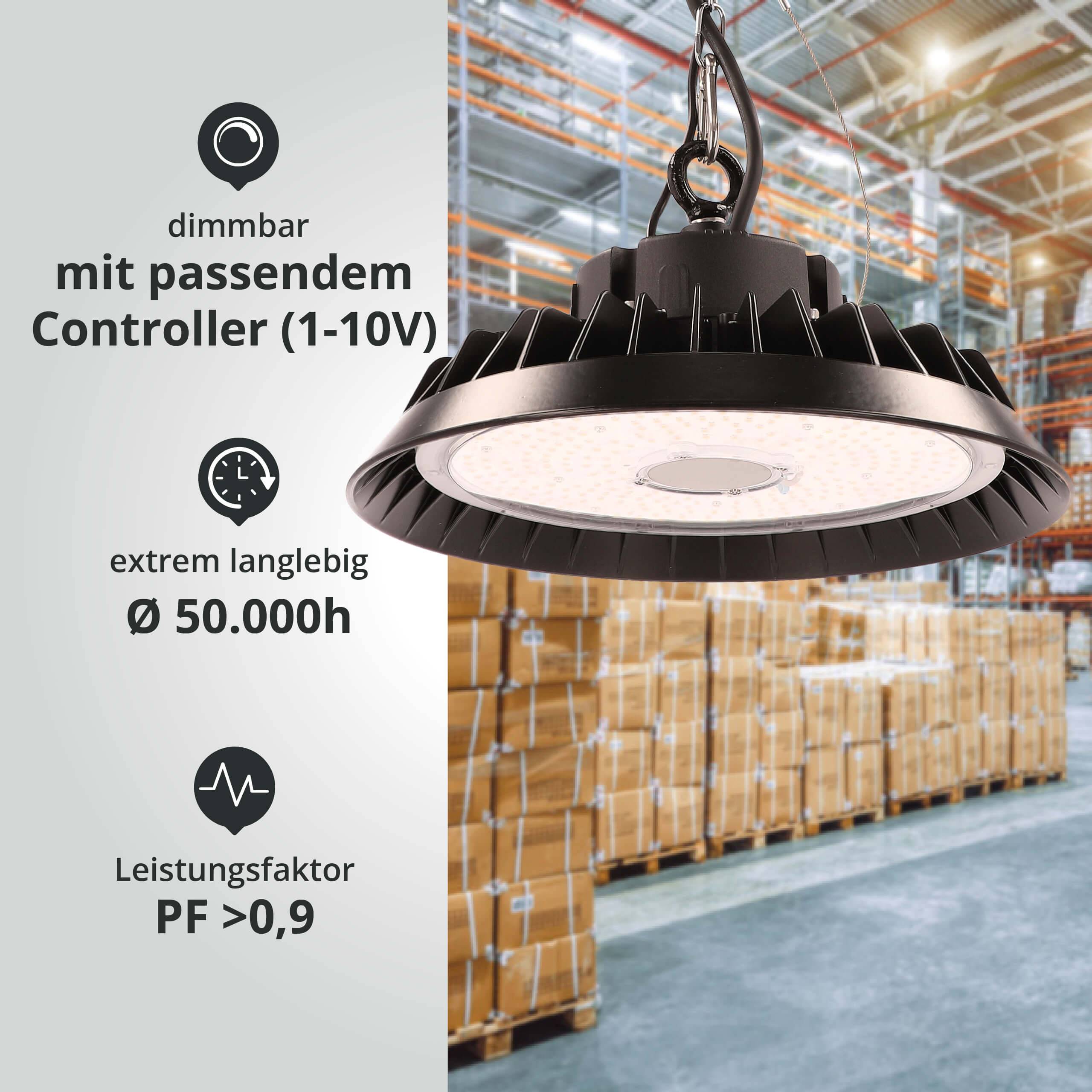 LED Universum LED Hallenstrahler UFO High Bay Strahler 200W kaltweiß 6000K 30000lm mit Philips-Netzteil dimmbar Ø324xH136mm