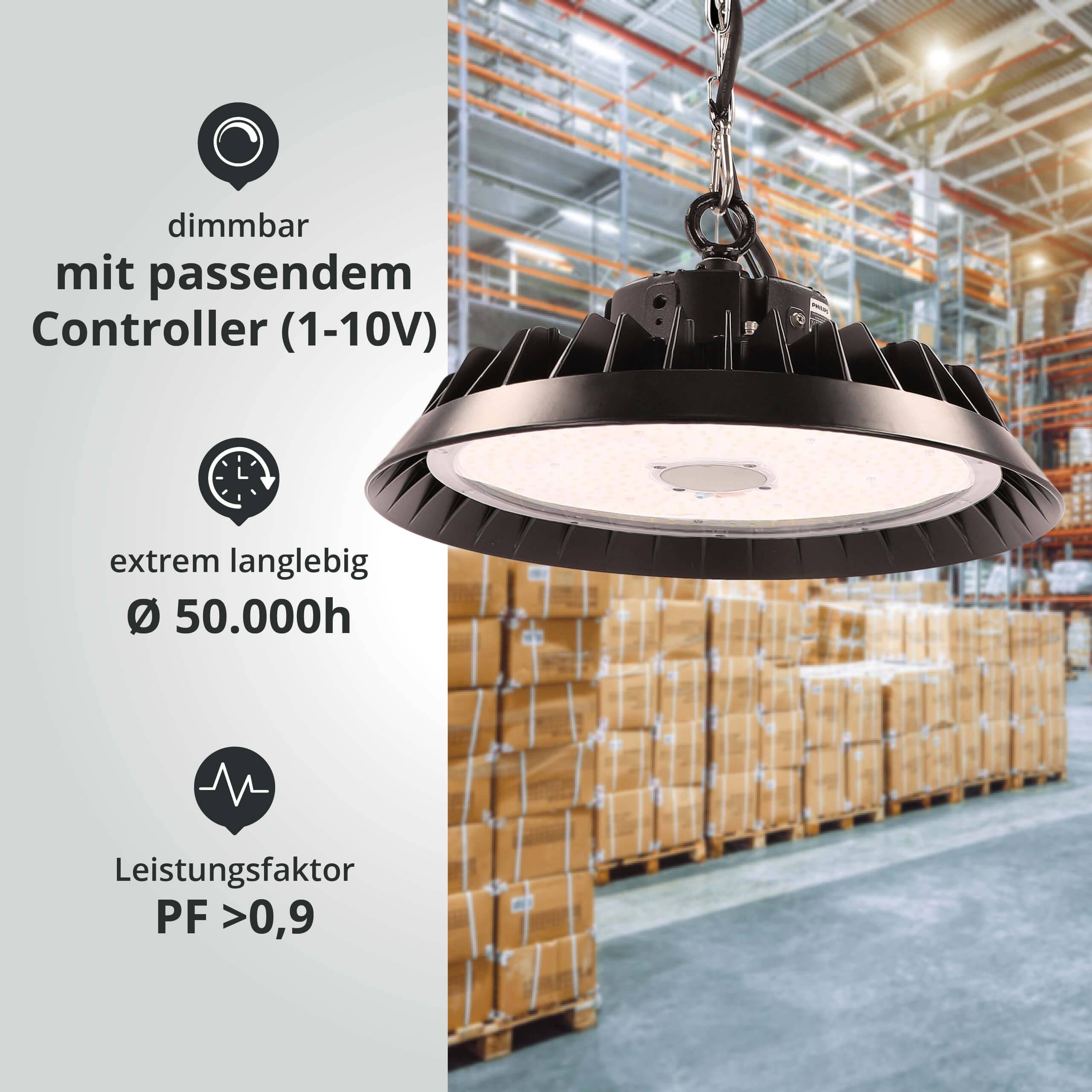 LED Universum LED Hallenstrahler UFO High Bay Strahler 240W kaltweiß 6000K 36000lm mit Philips-Netzteil dimmbar Ø363xH140mm