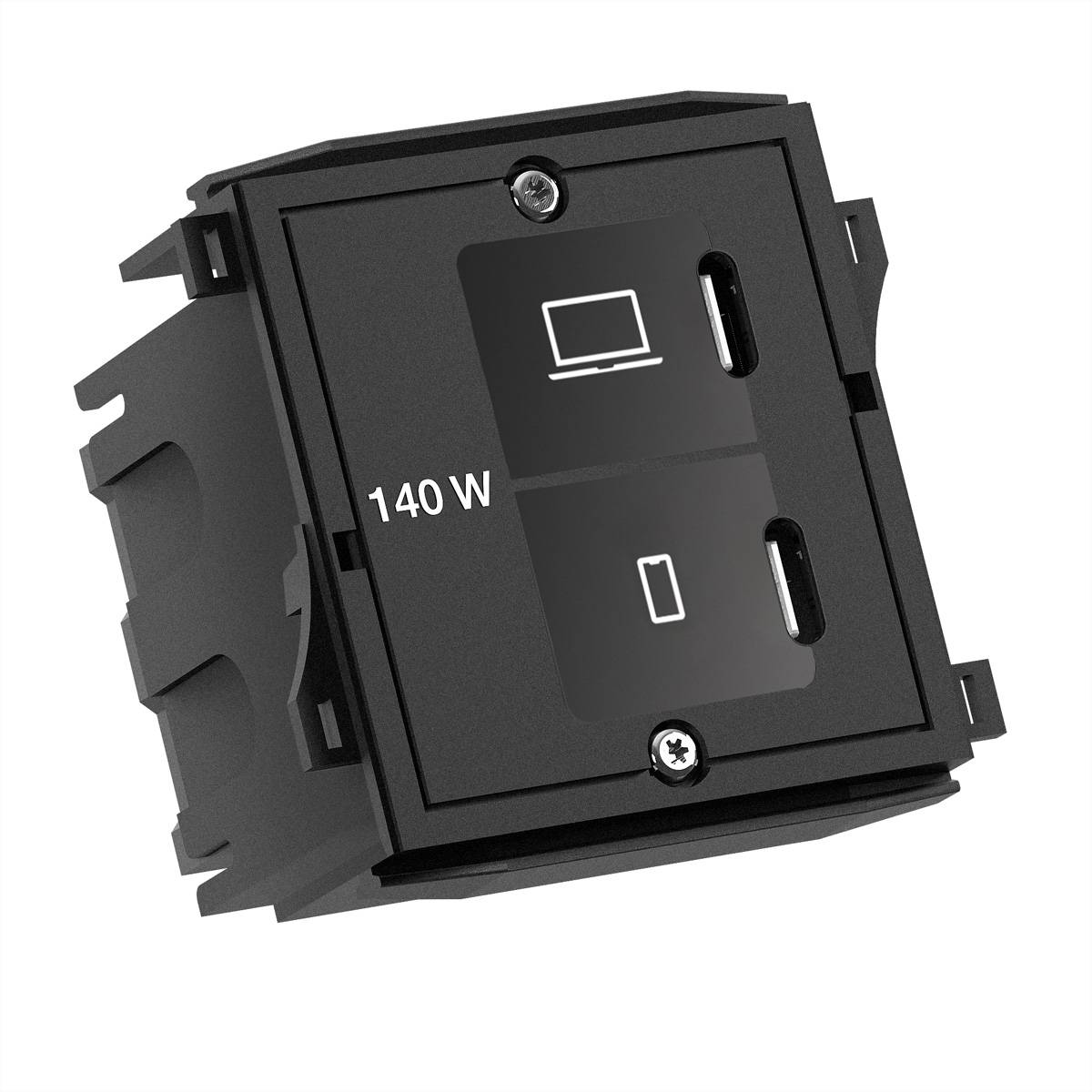 Eine schwarze Steckdose mit zwei USB-C-Anschlüssen, gekennzeichnet mit „140 W