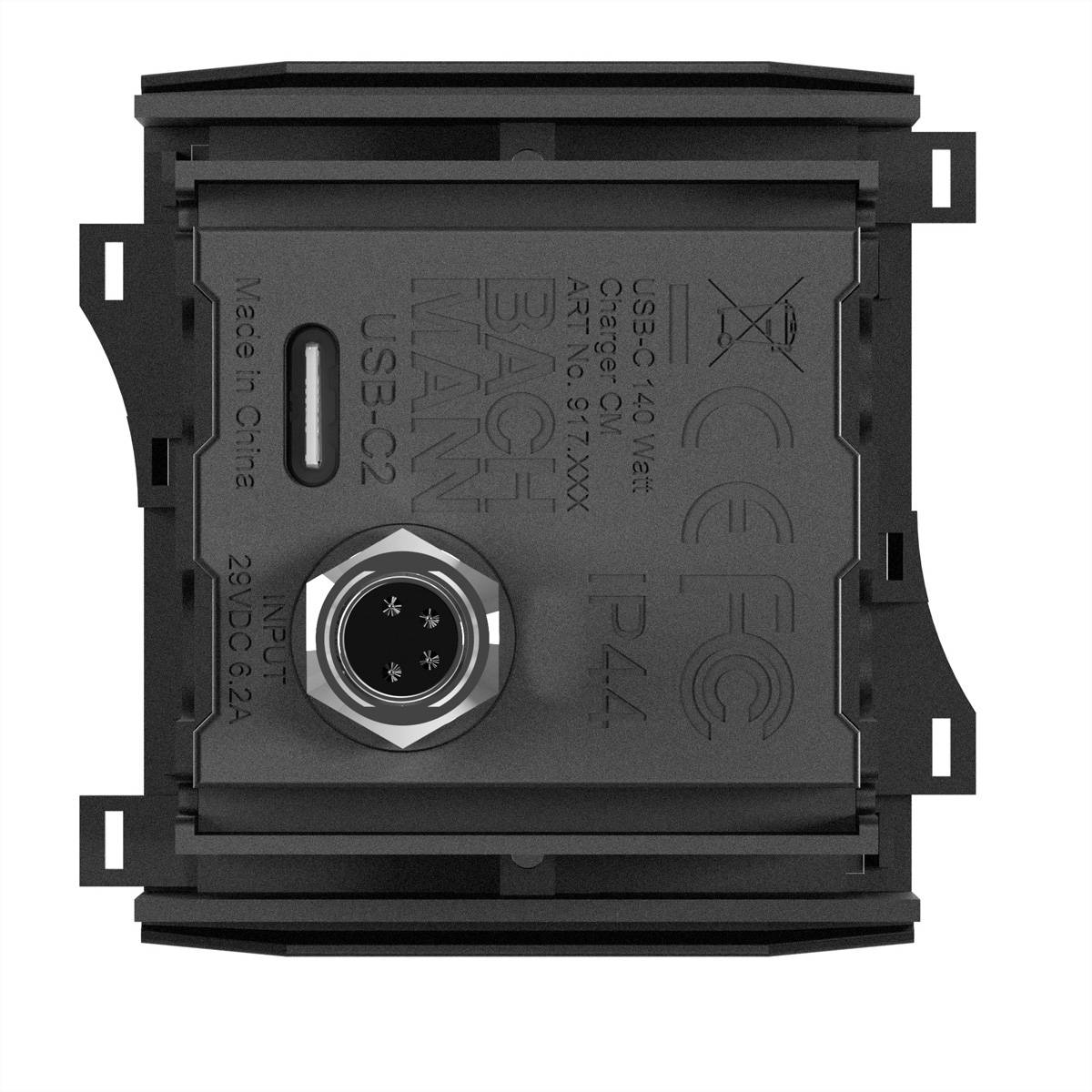 Quadratische elektronische Komponente mit einem zentralen kreisförmigen Anschluss mit der Bezeichnung „USB-C2