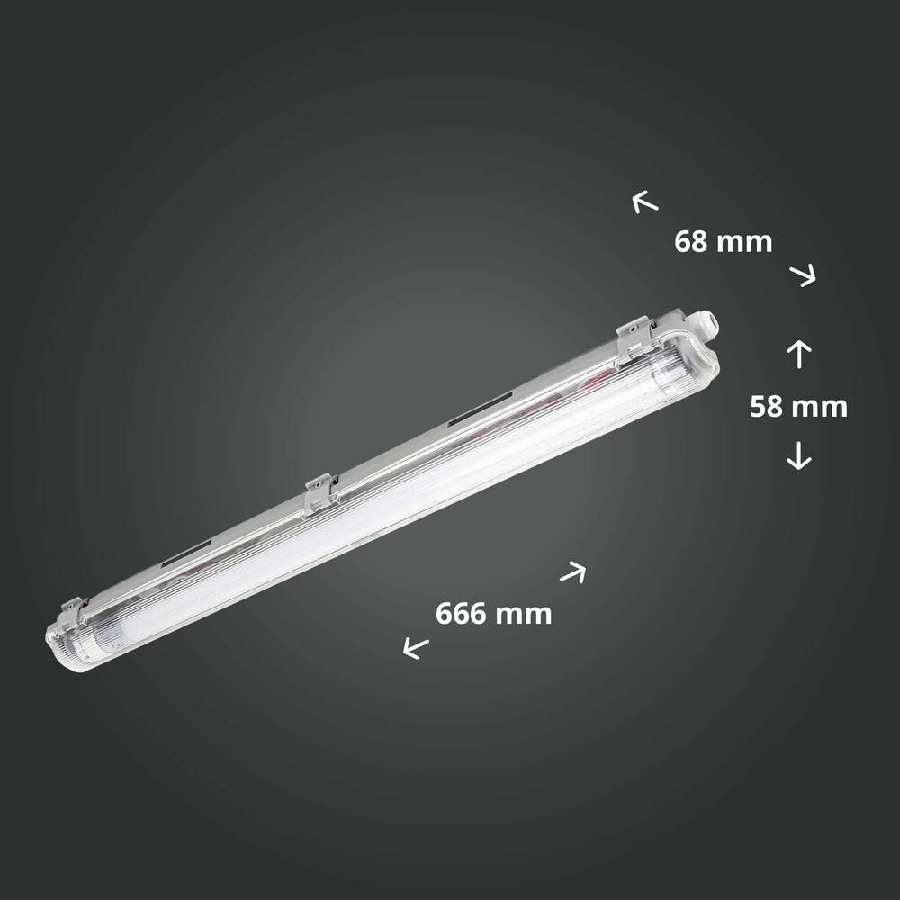 LED Universum Feuchtraum-Wannenleuchte 60cm mit T8 LED-Röhre 9W 6500K 1080lm IP65 L666xB68xH58mm