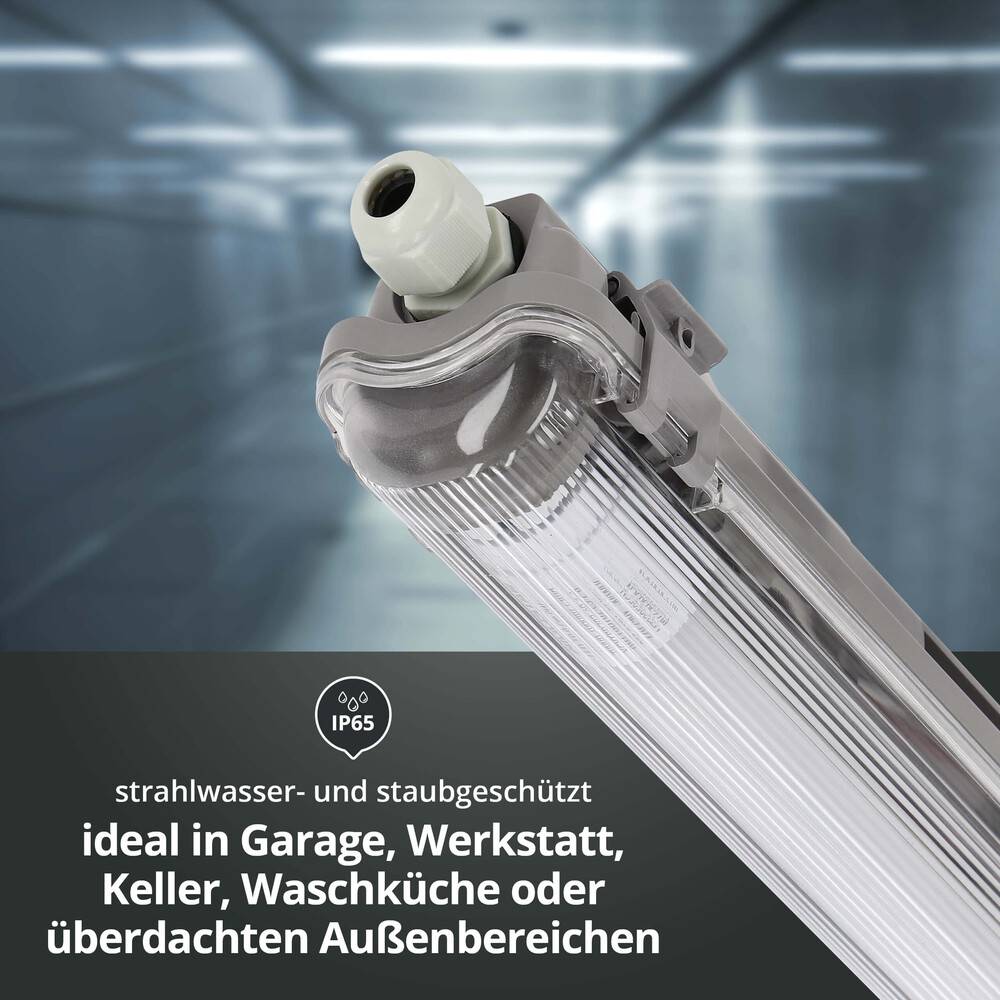 LED Universum Feuchtraum-Wannenleuchte 120cm mit T8 LED-Röhre 18W 6500K 2160lm IP65 L1276xB68xH58mm