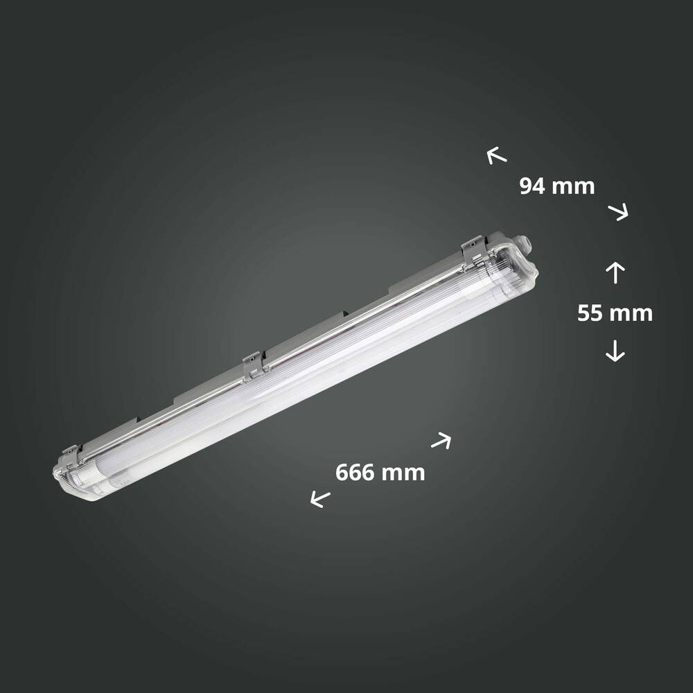 LED Universum Feuchtraum-Wannenleuchte 60cm mit 2x T8 LED-Röhre 18W 6500K 2160lm IP65 L666xB94xH55mm