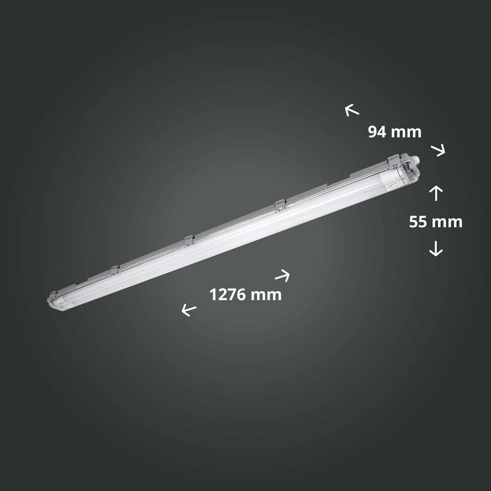 Feuchtraum-Wannenleuchte 120cm mit 2x T8 LED-Röhre 36W 4000K 4320lm IP65 L1276xB94xH55mm