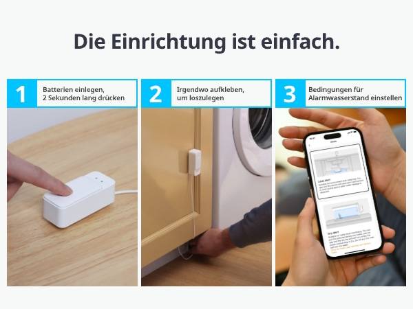 Schritt-für-Schritt-Anleitung zur Geräteeinrichtung: (1) Batterie einsetzen und Taste drücken; (2) Gerät auf Oberfläche anbringen; (3) Zur Konfiguration mit App verbinden.