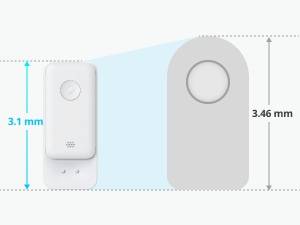Ausschnittgröße: 3,44 Zoll zeigt ein Gerät mit einem kreisförmigen Sensor und Lautsprecher, neben einem schraffierten Bereich, der den erforderlichen Installationsplatz darstellt.