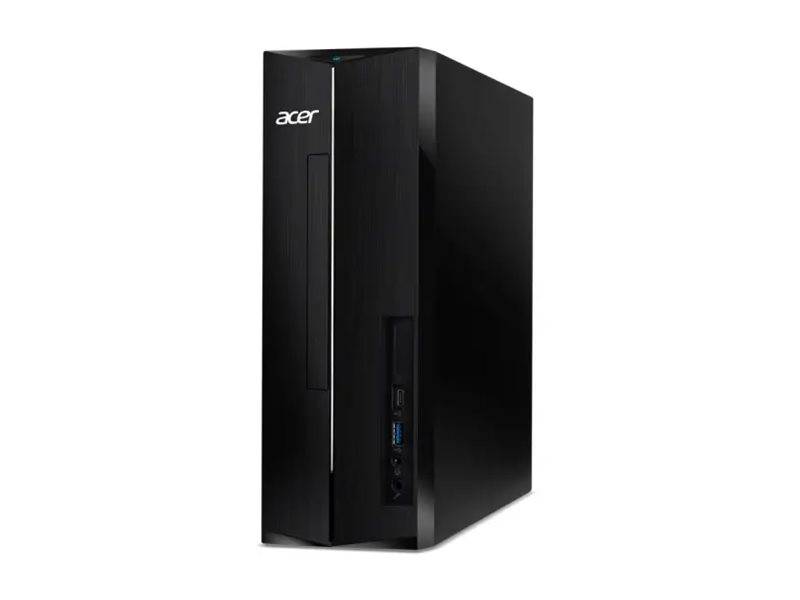 Ein schwarzer Acer-Desktop-Computer-Tower mit einem vertikalen CD-Laufwerk und vorderen USB-Anschlüssen, aus einem frontalen Winkel gegen einen weißen Hintergrund gezeigt.