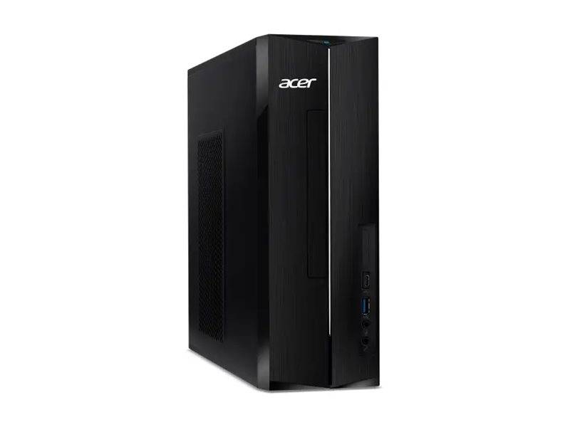 Ein schwarzer Acer-Desktop-Computer-Tower mit USB-Anschlüssen an der Vorderseite und einem Netzschalter, auf dessen oberer Vorderplatte das Acer-Logo angezeigt wird.