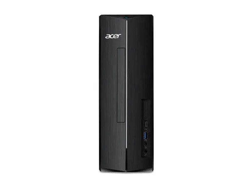 Ein schwarzer Acer-Desktop-Computer mit elegantem, vertikalem Design, der einen vorderen USB-Anschluss und eine Kopfhörerbuchse zeigt.