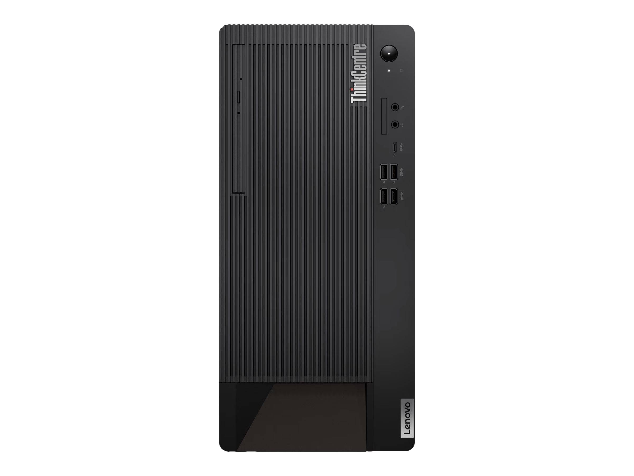 Ein schwarzer Lenovo ThinkCentre Desktop-Tower mit einer gerippten Frontplatte, ausgestattet mit mehreren USB-Anschlüssen und einem Einschaltknopf auf der rechten Seite.