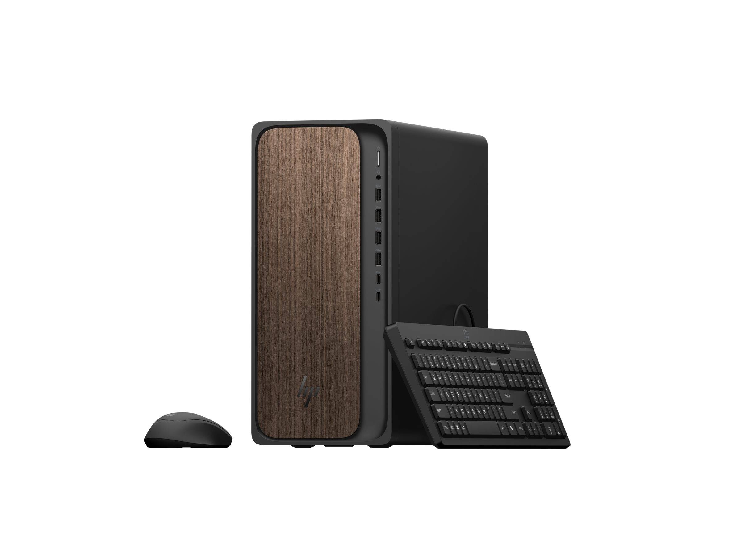 Ein Desktop-Computer mit einer Holzfront, begleitet von einer schwarzen Tastatur und Maus, die eine Mischung aus modernem und natürlichem Design hervorhebt.