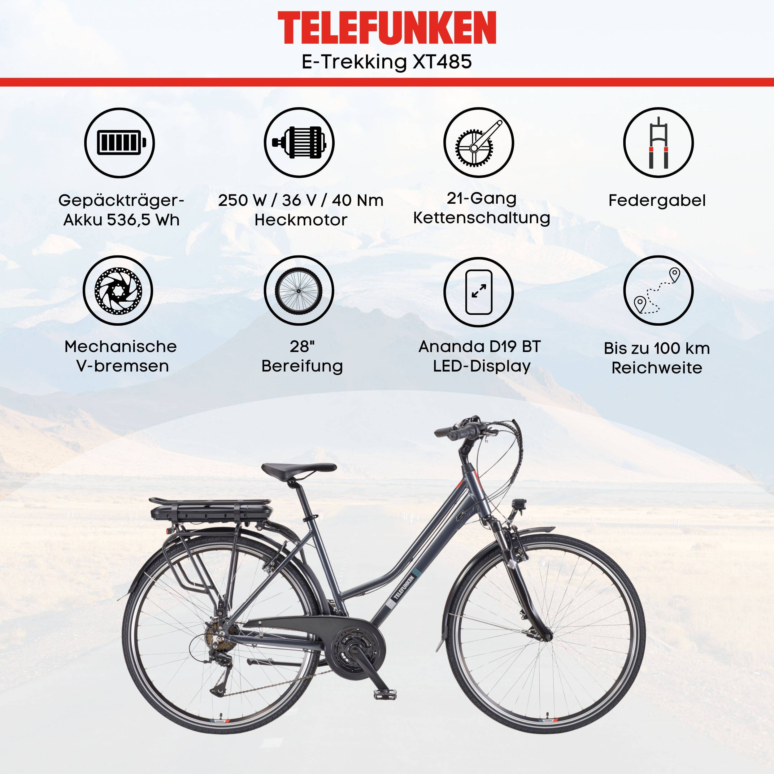 Telefunken Trekking E-Bike | Elektrofahrrad 28 Zoll | 21-Gang Kettenschaltung | Heckmotor 250W | 536,5Wh Akku | Pedelec