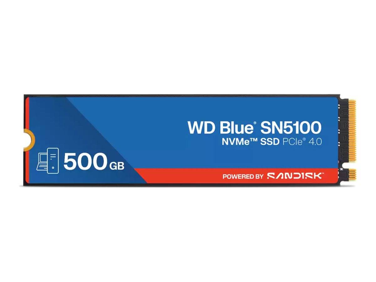 WD Blue SN5100 500GB NVMe SSD PCIe 4.0 Laufwerk von SanDisk, dargestellt als schlankes blaues M.2-Speichermodul