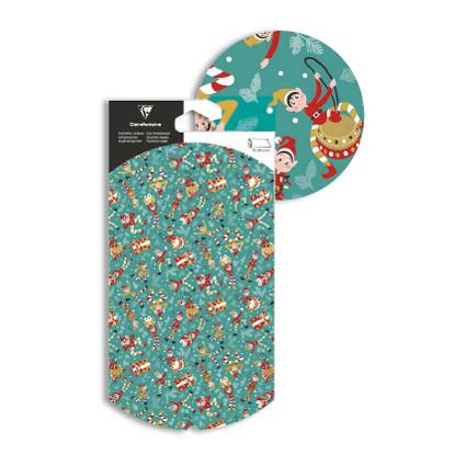 Gemustertes Geschenkverpackungspapier mit einem blaugrünen festlichen Design mit Elfen, Zuckerstangen, Trommeln und Weihnachtskugeln.