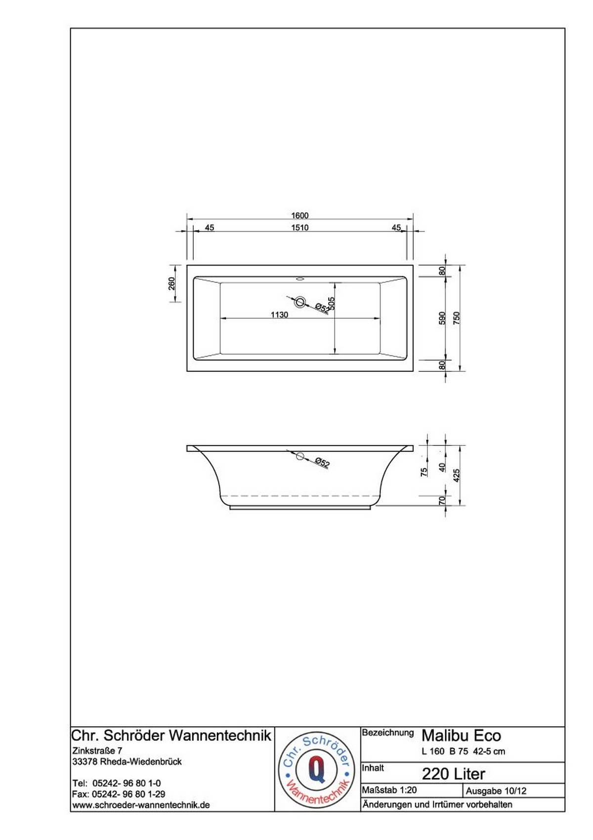 Schröder Rechteckwanne Malibu Eco 160x75x42,5 cm weiß