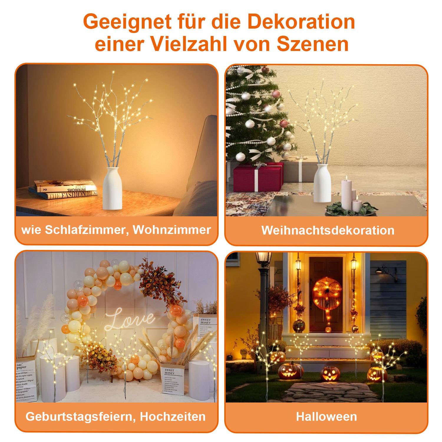 Werbekollage einer kleinen LED-Astleuchte zur Raumdekoration, Weihnachtsdekoration, Geburtstags-/Hochzeitshintergründe und Halloween-Displays.