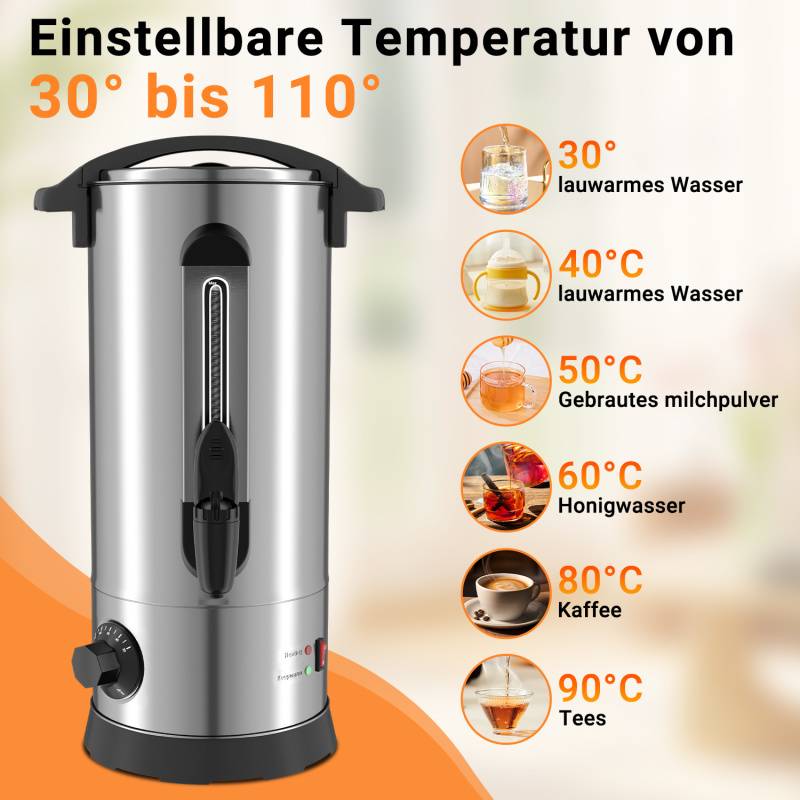 Glühweinkessel 10L Inkl. 10x Becher Glühweinkocher mit Thermostat Glühweinautomat Heißgetränkeautomat Wasserkocher Heißwasserspender Einkochauto