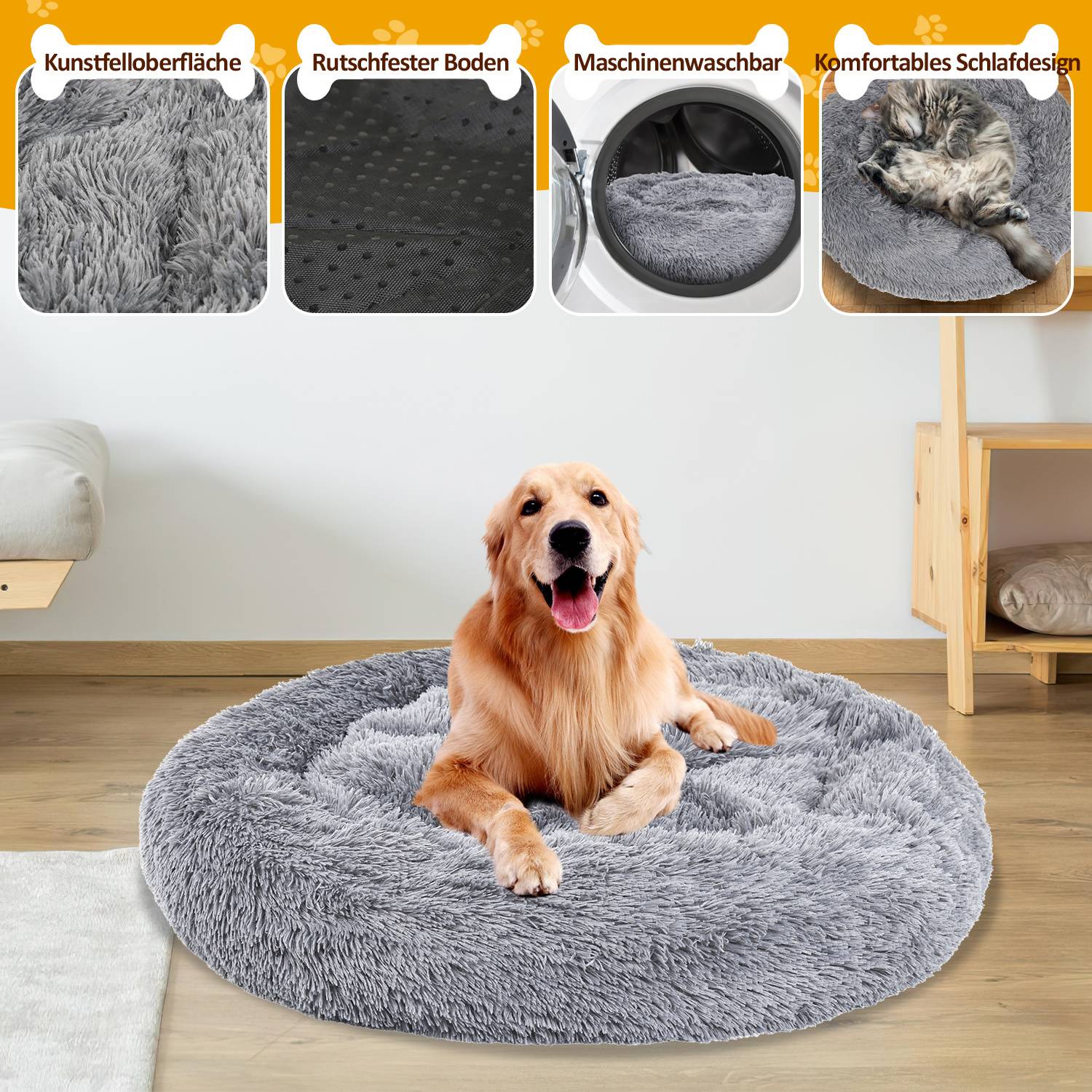 Hundebett Plüsch Schlafplatz Hundekissen Katzenbett Waschbares rutschfestes komfortables Rund 60cm Hellgrau