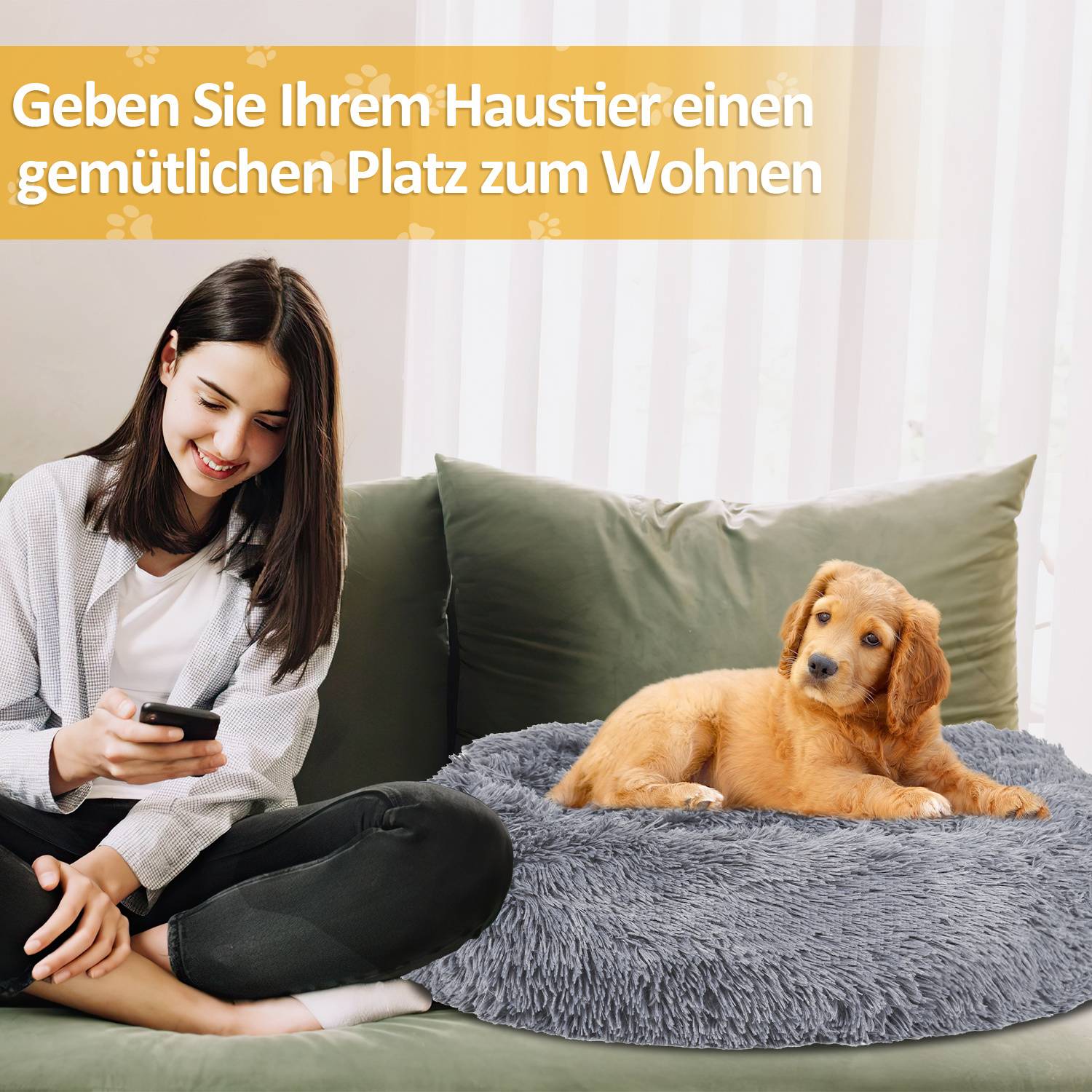 Hundebett Plüsch Schlafplatz Hundekissen Katzenbett Waschbares rutschfestes komfortables Rund 80cm Hellgrau