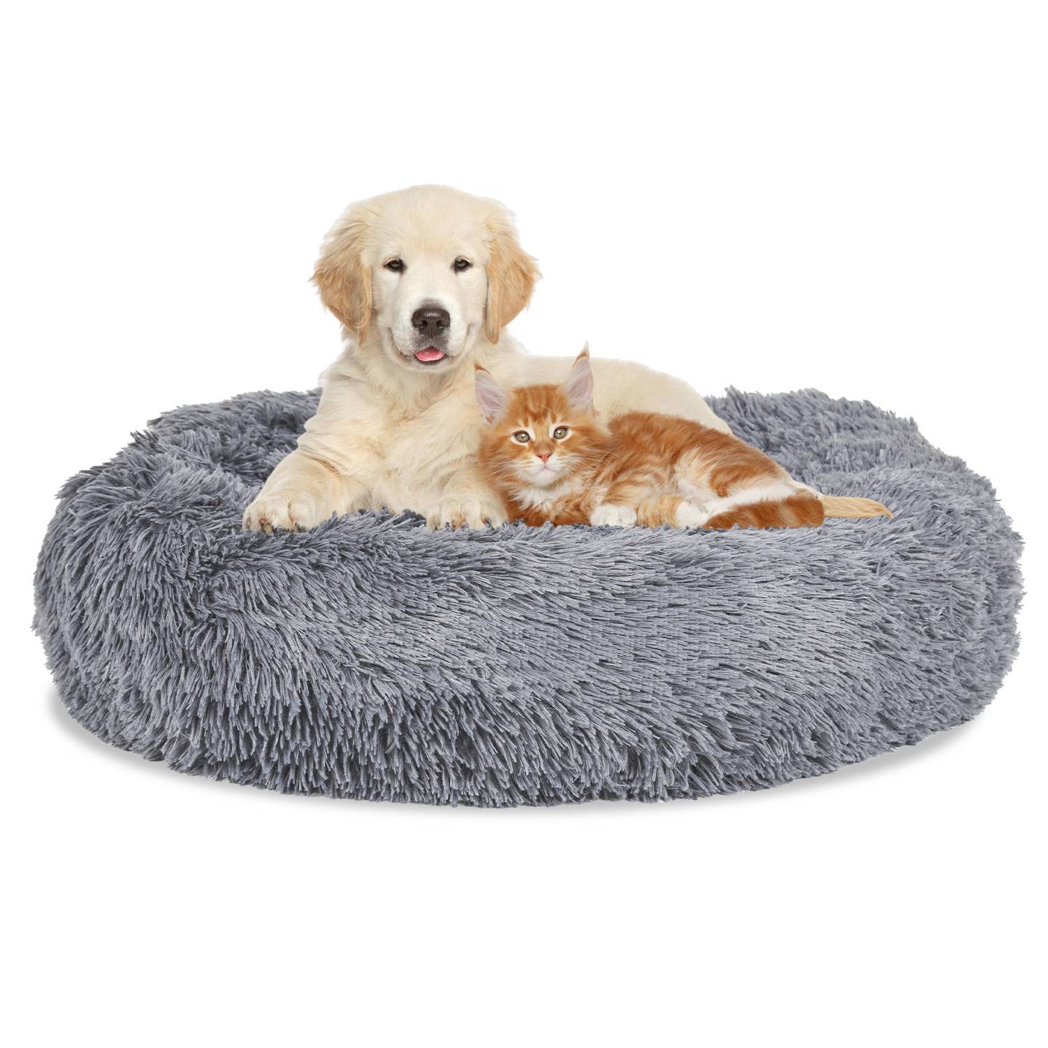 Hundebett Plüsch Schlafplatz Hundekissen Katzenbett Waschbares rutschfestes komfortables Rund 80cm Hellgrau