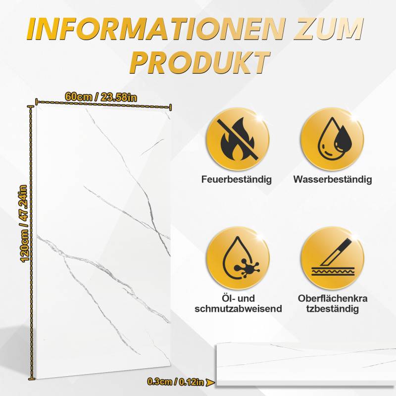 0,72m² PVC Wandverkleidung Wandpaneelen Marmoroptik, Bad & Küche , Alternative zu Fliesen & Marmor, 120x60cm, Bad & Küchenfliese, Weiß
