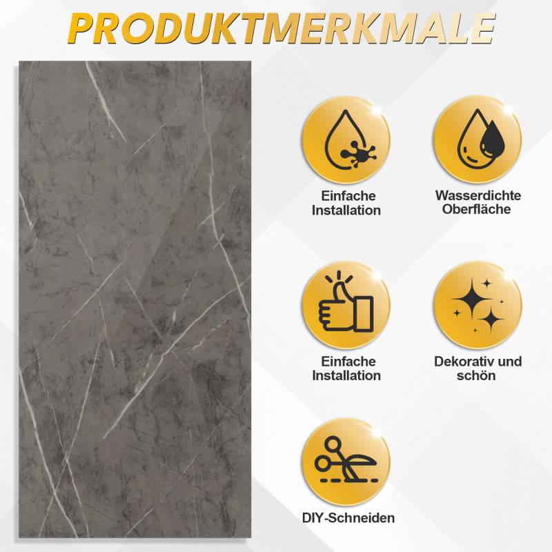 10x Fliesenaufkleber grau Marmor, 60 x 30 cm, Küchenrückwand, Selbstklebende Fliesen, Klebefliesen Küche Wandpaneele für Wanddeko Schlafzimmer Woh