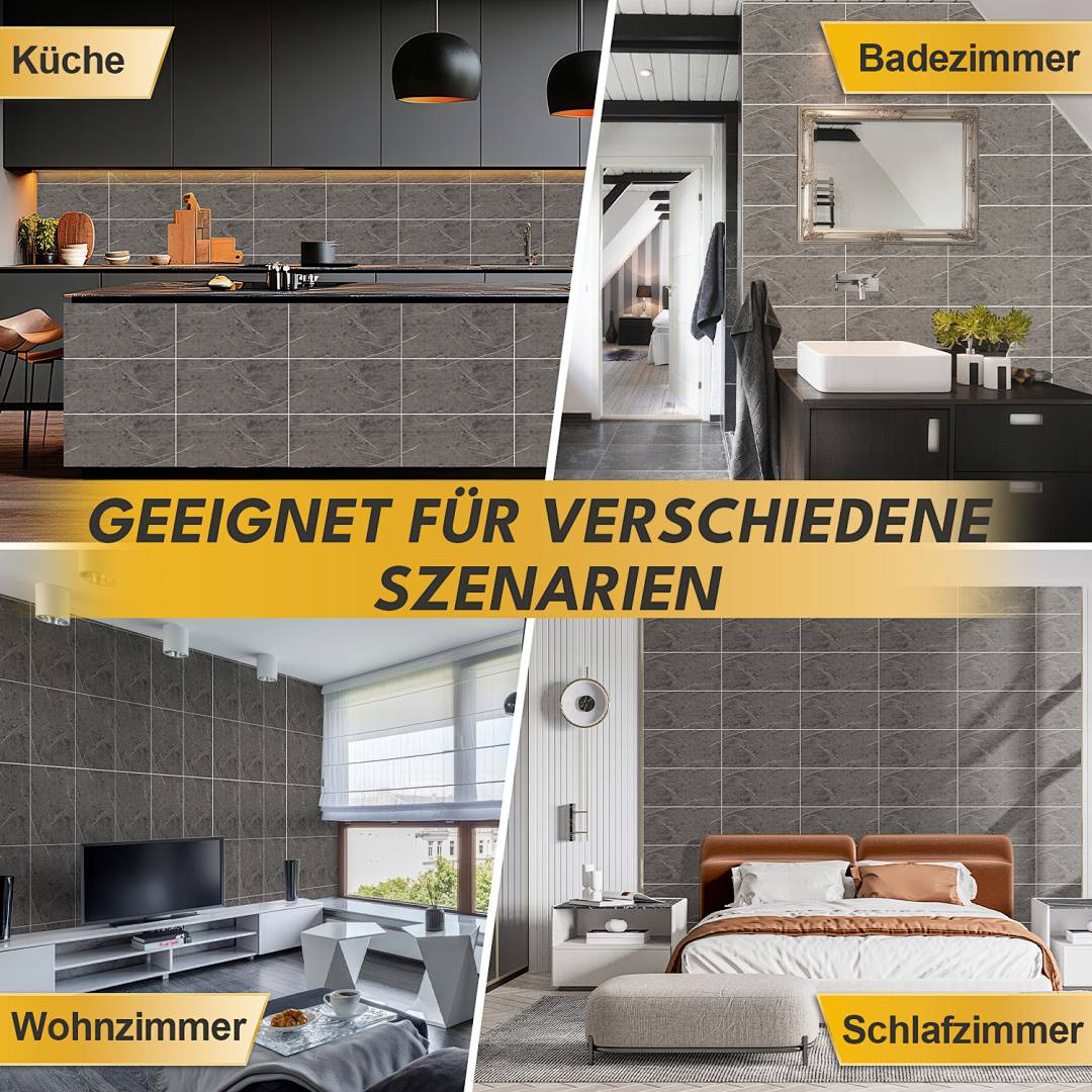 Vierteiliges Kollage-Bild von grauen Keramikwandpaneelen in Küche, Badezimmer, Wohnzimmer und Schlafzimmer, mit der Beschriftung „Geeignet für verschiedene Szenarien", um die vielseitige Verwendung zu zeigen.