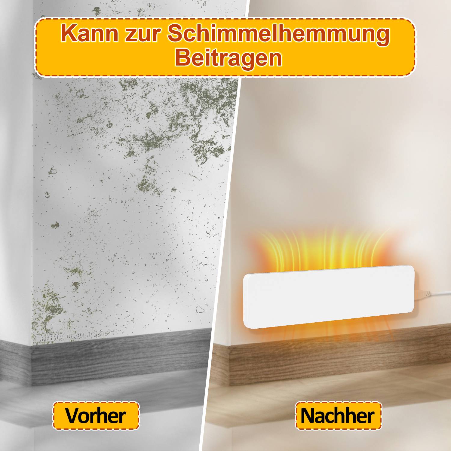 Geteiltes Bild, das eine schimmelige Wand vorher und nachher mit einem Wandheizer vergleicht, mit dem Text „Kann zur Schimmelhemmung beitragen" und den Beschriftungen „Vorher"" und „Nachher"".