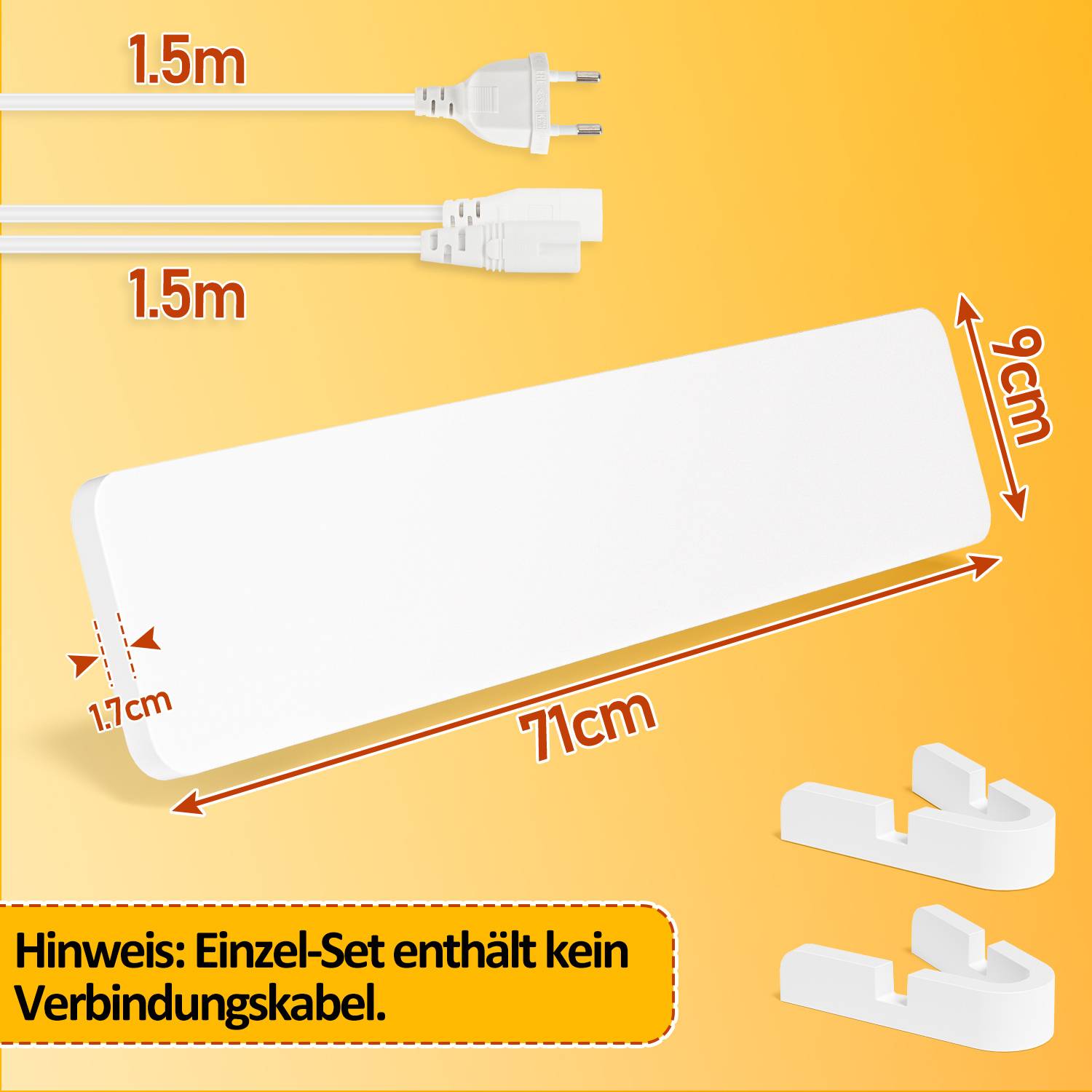 Produktdimensionsdiagramm eines weißen rechteckigen Lichtpaneels: 71 cm lang, 9 cm breit, 1,7 cm dick, mit 1,5 m Stromkabel dargestellt; Hinweis besagt, dass ein einzelnes Set kein Verbindungskabel enthält.