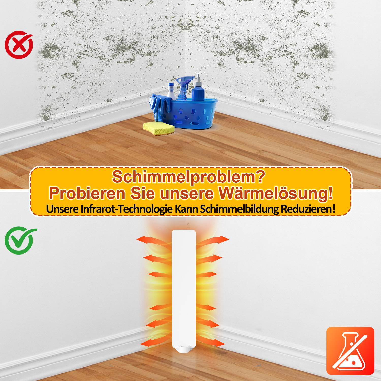 Werbegrafik, die eine schimmlige Ecke mit Reinigungsmitteln mit einer sauberen Ecke vergleicht, die von einem Infrarot-Wandpaneel beheizt wird, mit der Behauptung, dass es Schimmel reduziert.