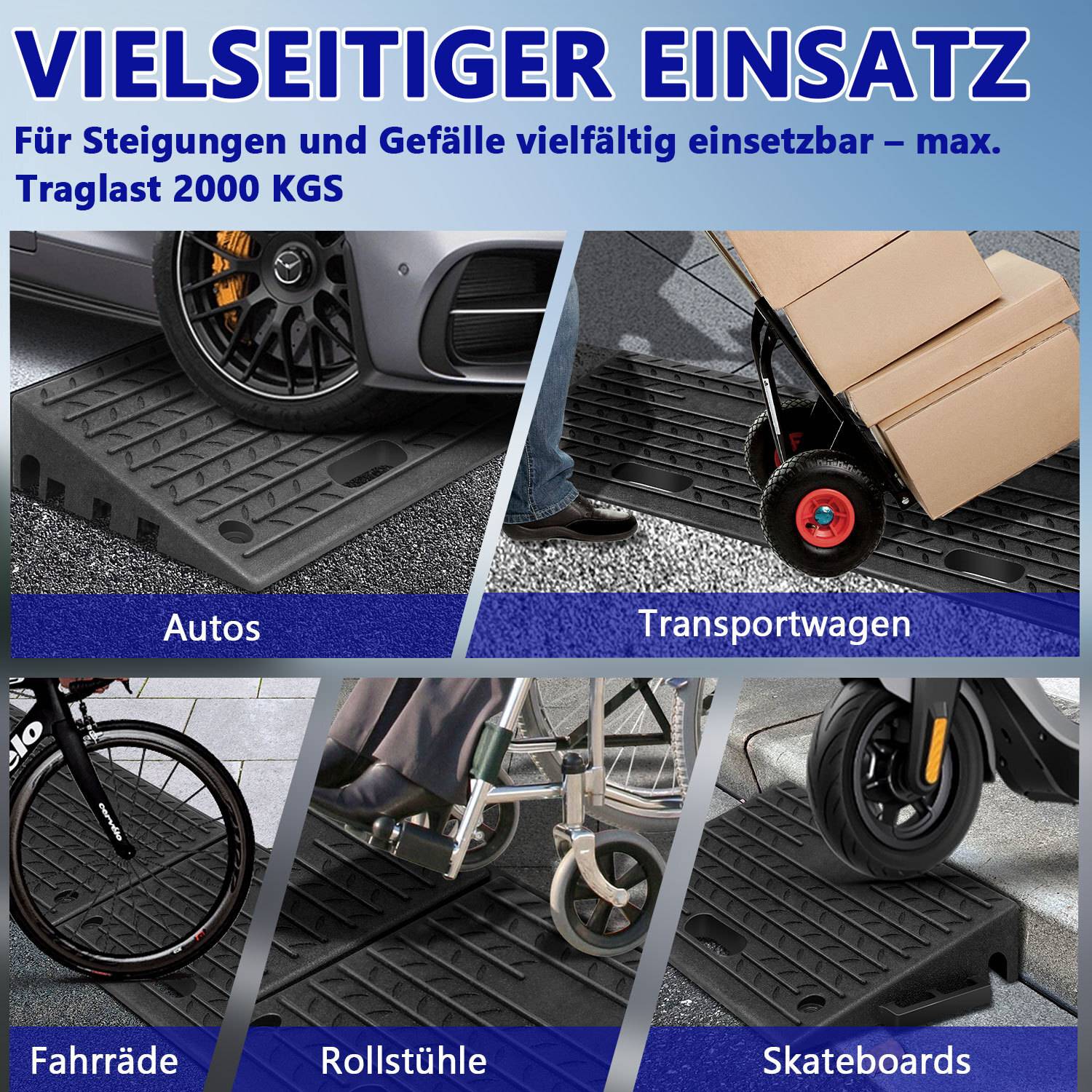2er Auffahrrampen mit Griffen Bordsteinrampe Gummirampe Rollstuhlrampe Schwellenrampe Bordsteinkanten Rampe für Rollator Motorrad 49x30x11cm