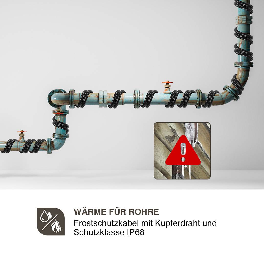 Heizkabel um ein Metallrohr gewickelt, mit Warnsymbol und deutschem Text "WÄRME FÜR ROHRE"", was auf ein Frostschutz-Heizkabel mit IP68-Schutzart hinweist.