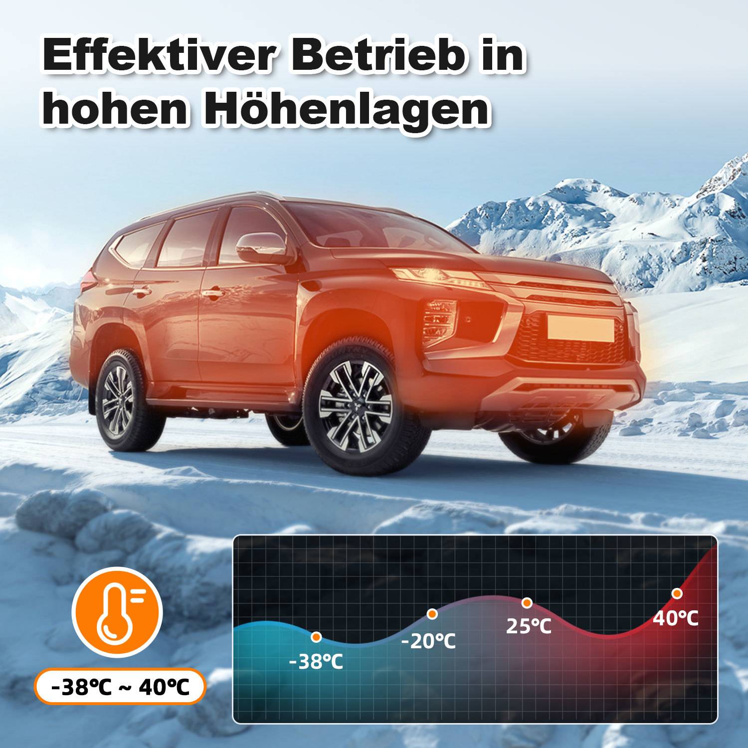 Ein orangefarbener SUV in schneebedeckten Bergen mit deutschem Text „Effektiver Betrieb in hohen Höhenlagen" und einer Temperaturbereich-Grafik, die den Betrieb von -38°C bis 40°C zeigt.