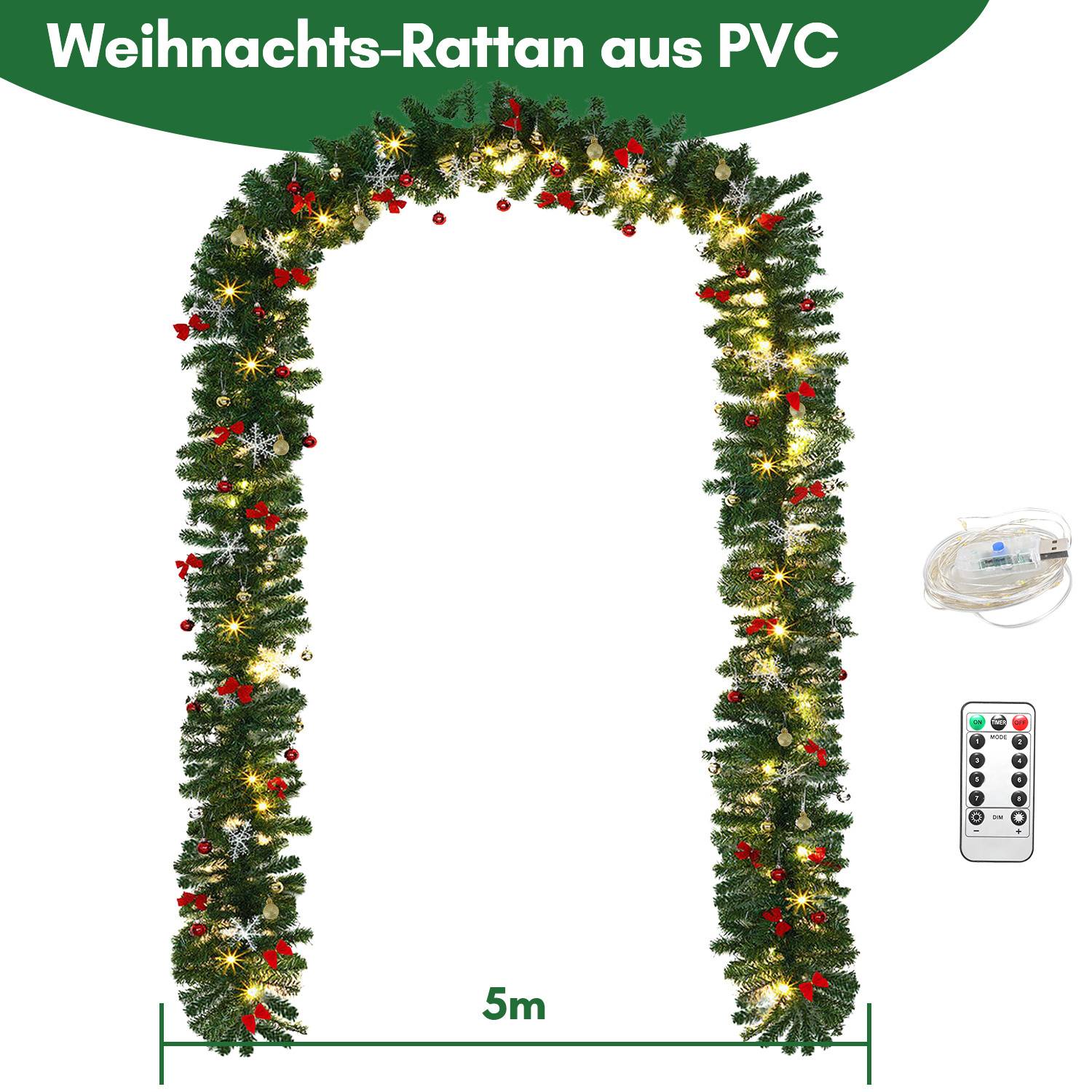 Weihnachtsgirlande mit Beleuchtung Lichterkette Deko 100 LEDs Innen Außen Grün 5M mit dekorativen mit Fernbedienung
