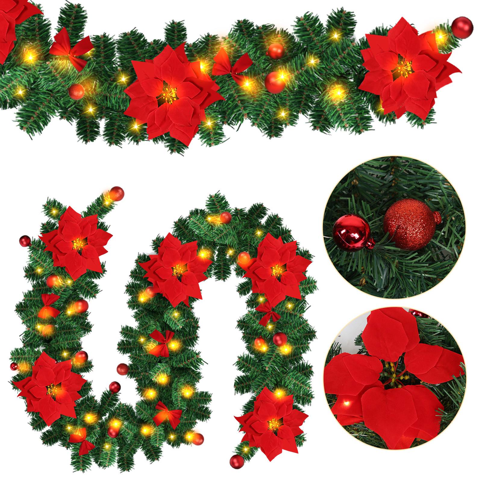 Weihnachtsgirlande mit Beleuchtung Lichterkette Deko 50 LEDs Innen Außen Grün 2.7m mit Rot dekorativen